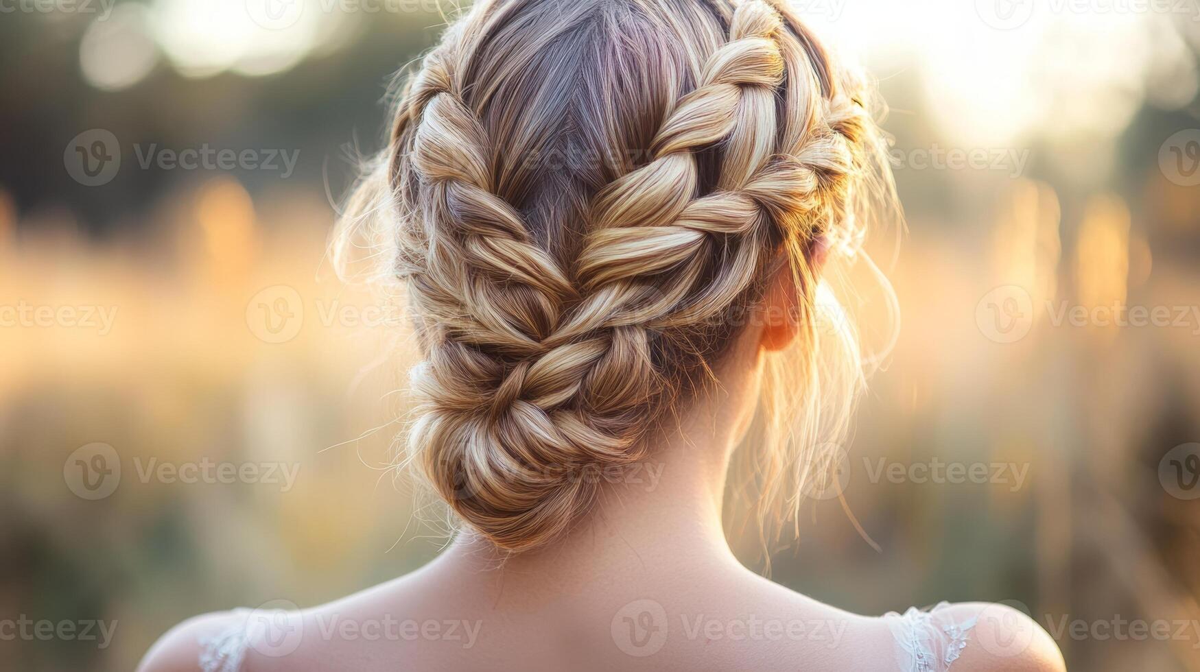 Beautiful woven braid hairstyle on a young woman outdoors during golden hour photo