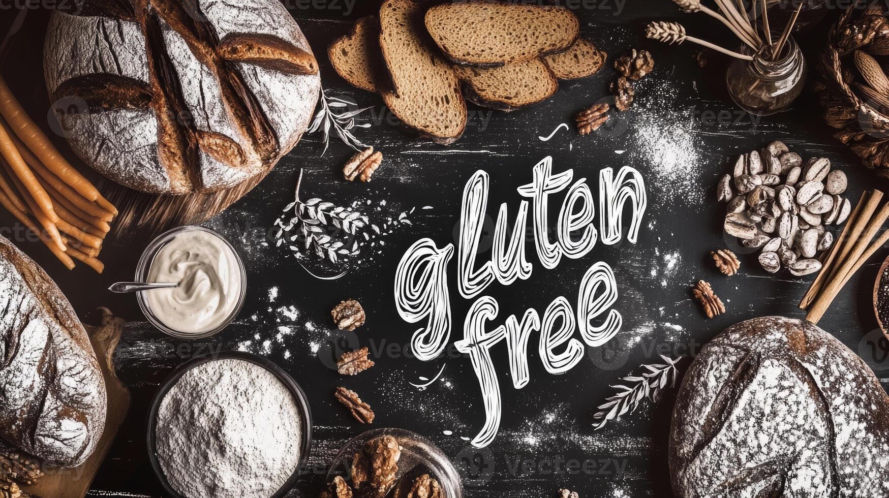 Delicious gluten-free baked goods displayed on a rustic wooden table with natural ingredients photo