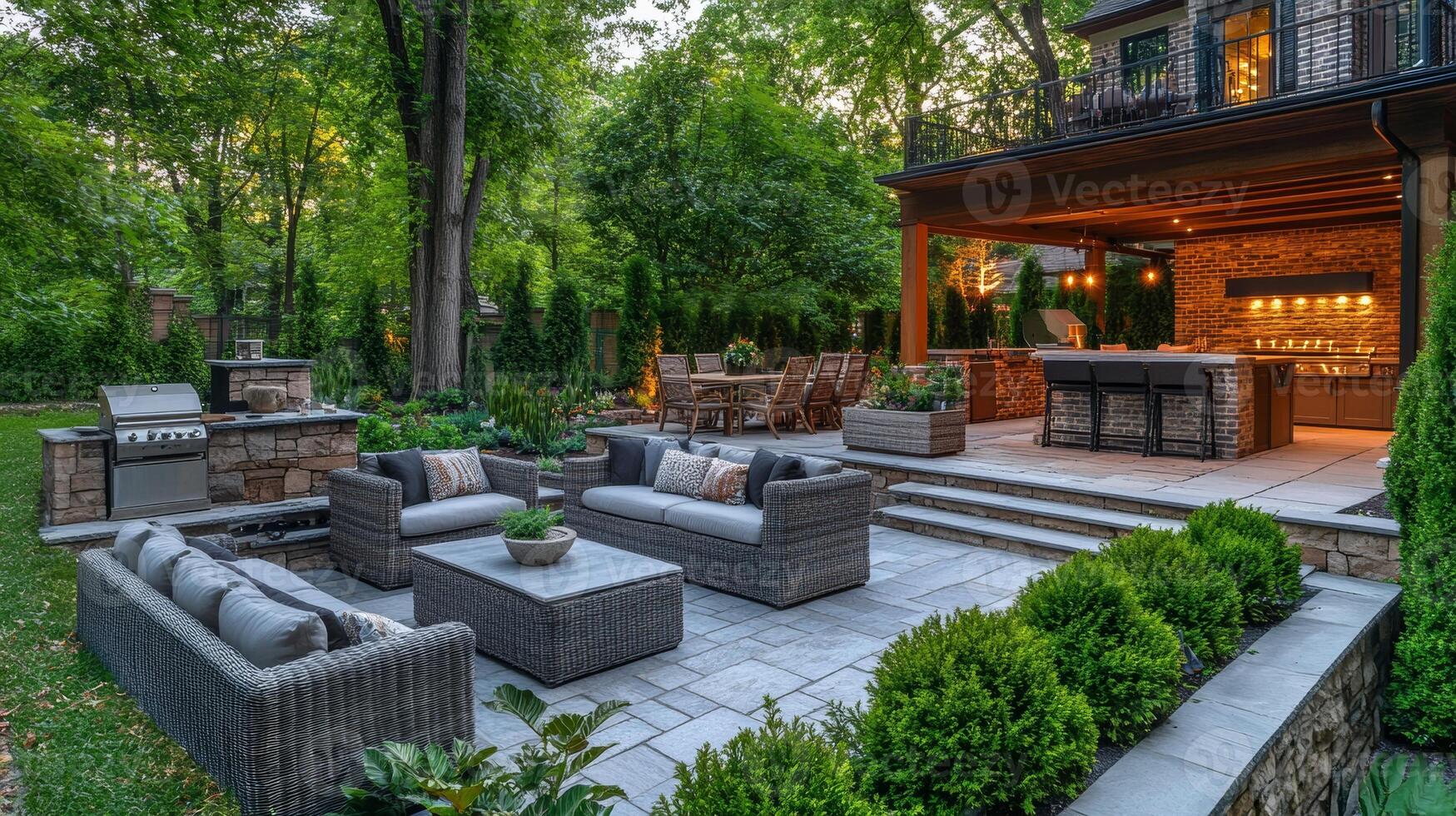 Outdoor lounge area with modern seating and kitchen under evening sky in a landscaped backyard photo