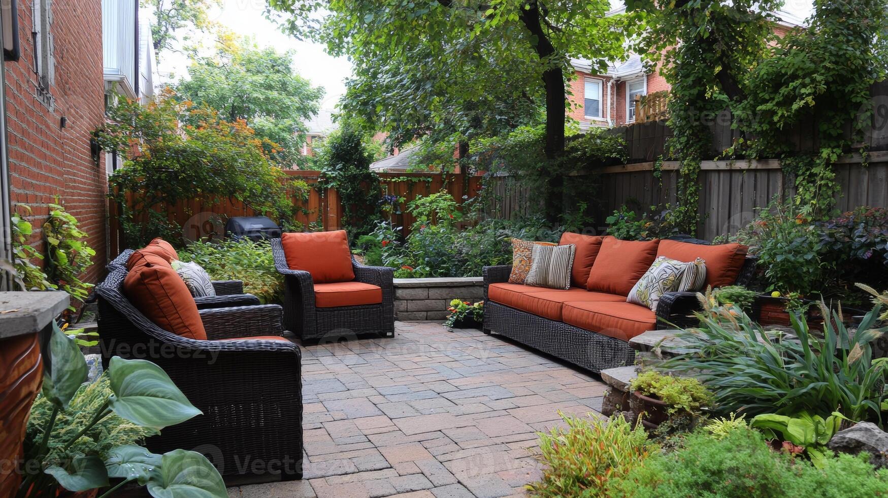 Cozy outdoor seating area with lush greenery in a residential backyard on a sunny afternoon photo