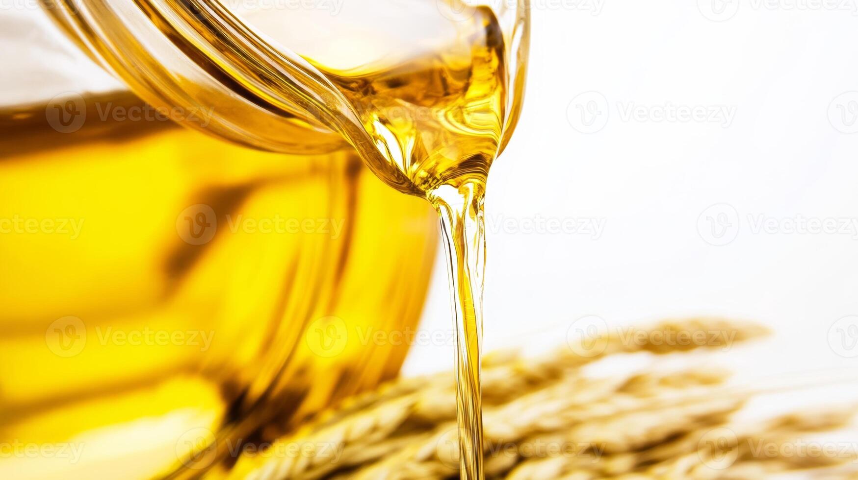 Golden oil being poured from a glass jar onto natural grain, capturing the essence of freshness in a kitchen setting photo