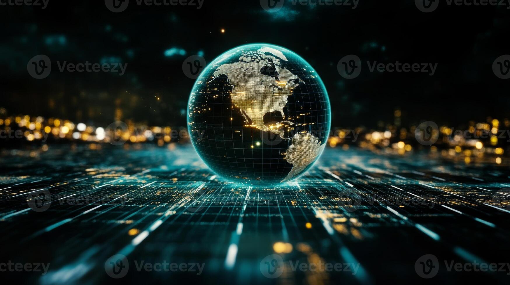 Glowing digital globe representation displaying data connections and city lights in a futuristic setting photo