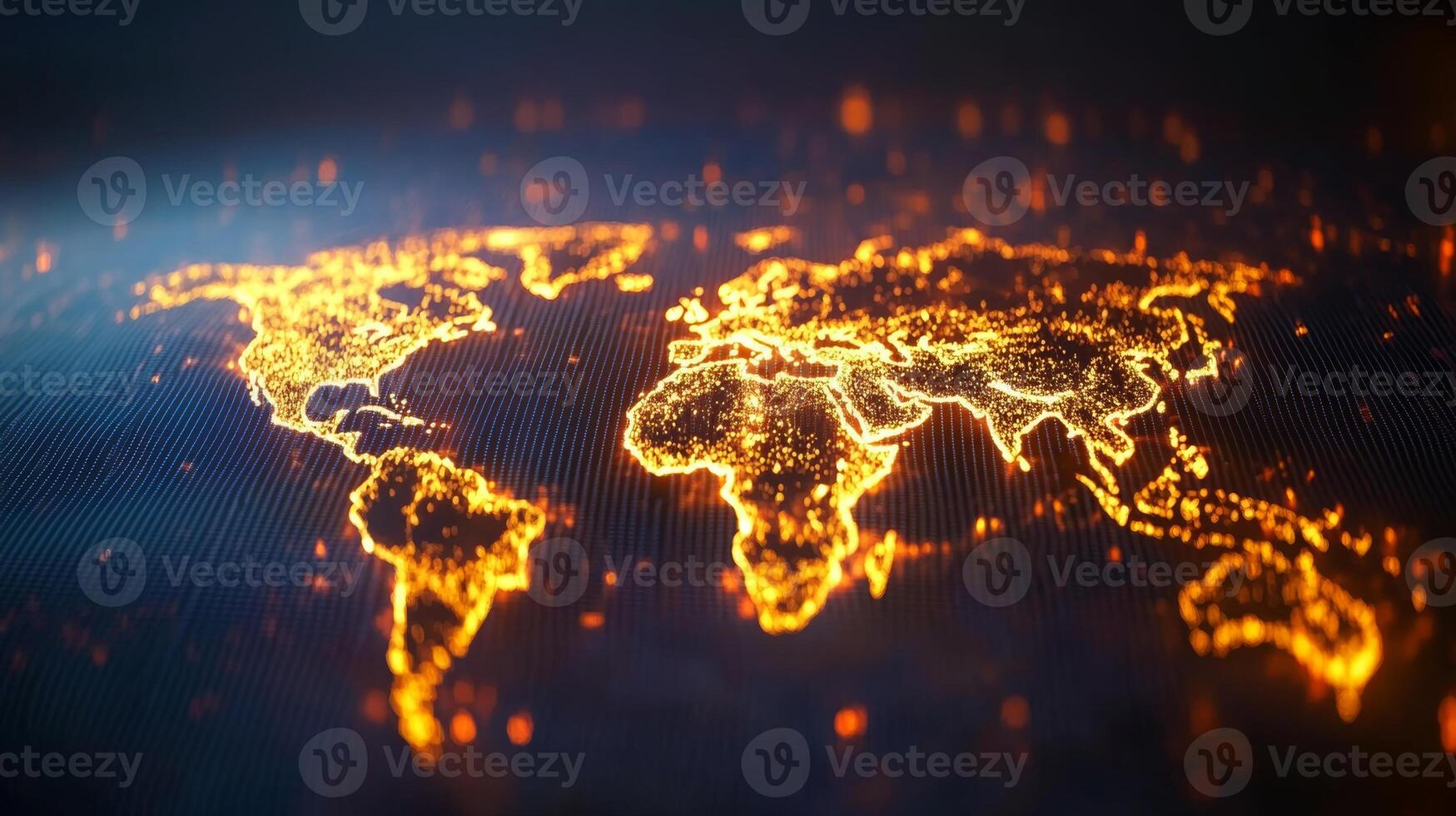 Glowing world map illustration showcasing continents with vibrant light effects against a dark backdrop photo
