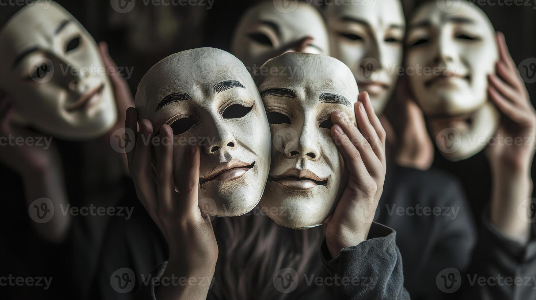 Masks represent different emotions held by individuals during a dramatic performance in a dimly lit studio setting photo
