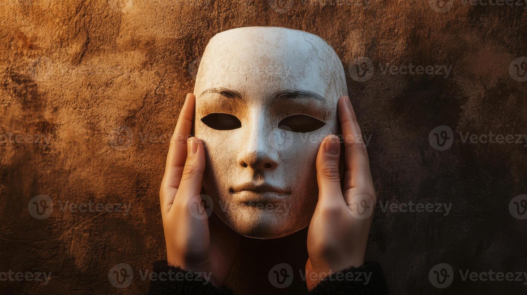 Hands holding a white mask against a textured background in a dimly lit setting photo