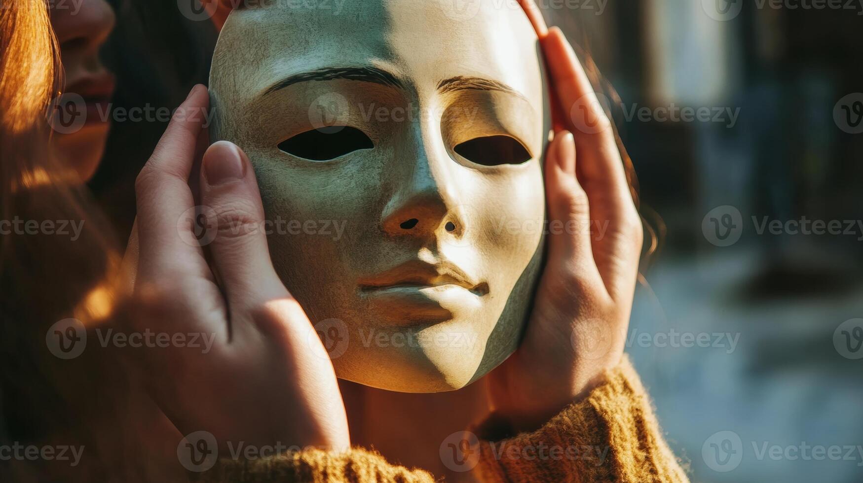 Holding a delicate mask while enjoying warm sunlight in an artistic outdoor setting photo