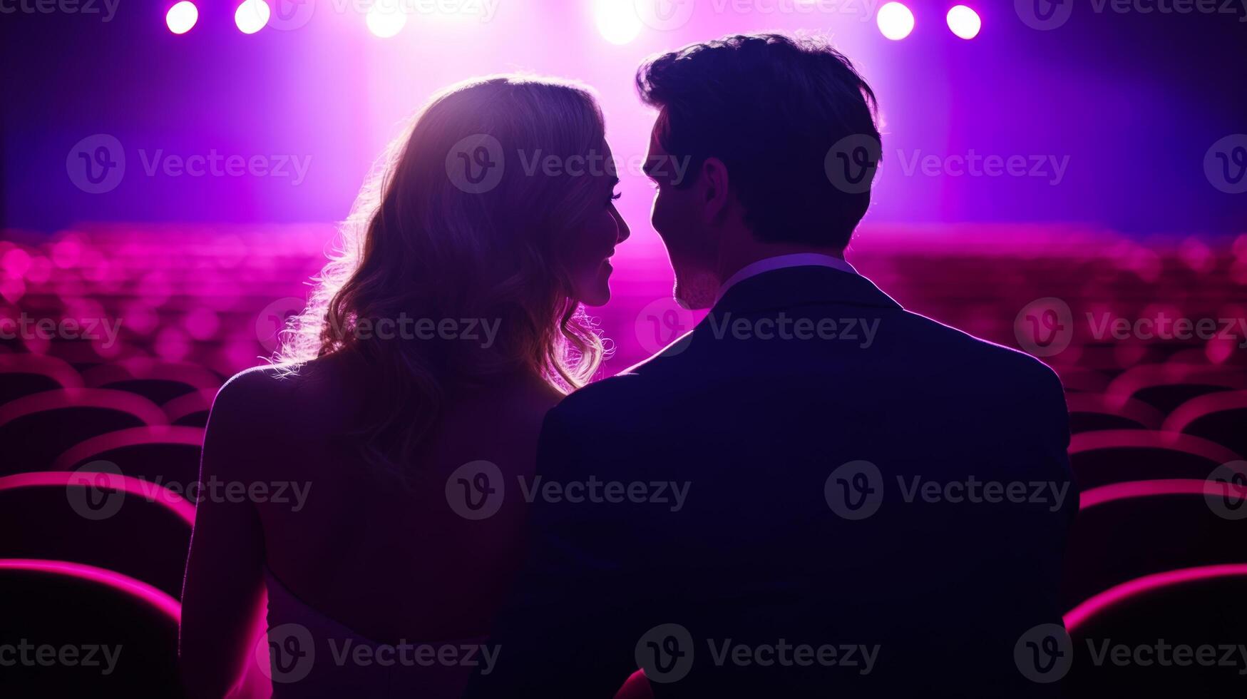 Couple sharing a romantic moment in a theater with soft purple lighting during a special event or performance photo