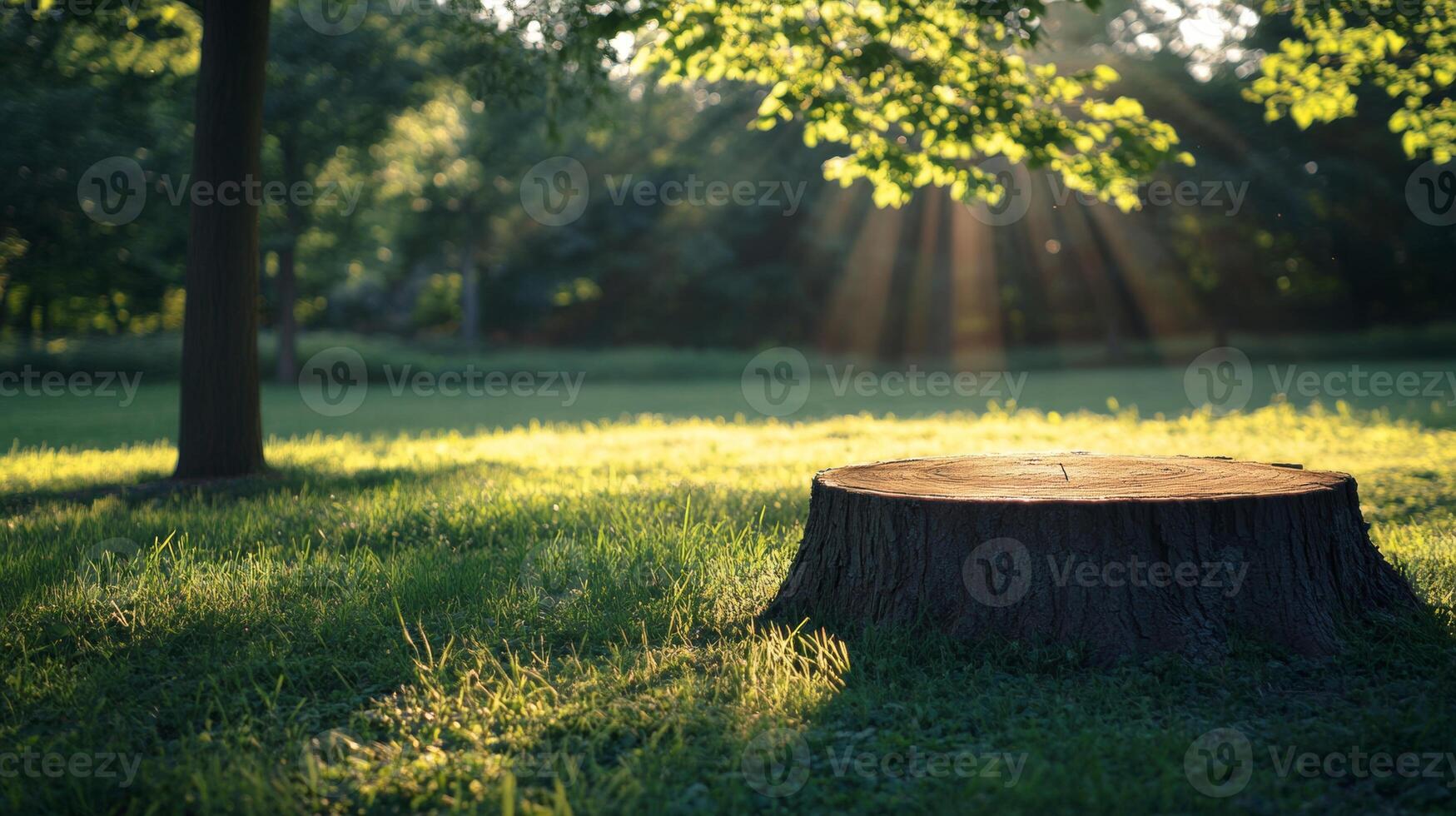 Sunlight filters through trees illuminating an old tree stump in a tranquil park during late afternoon hours photo