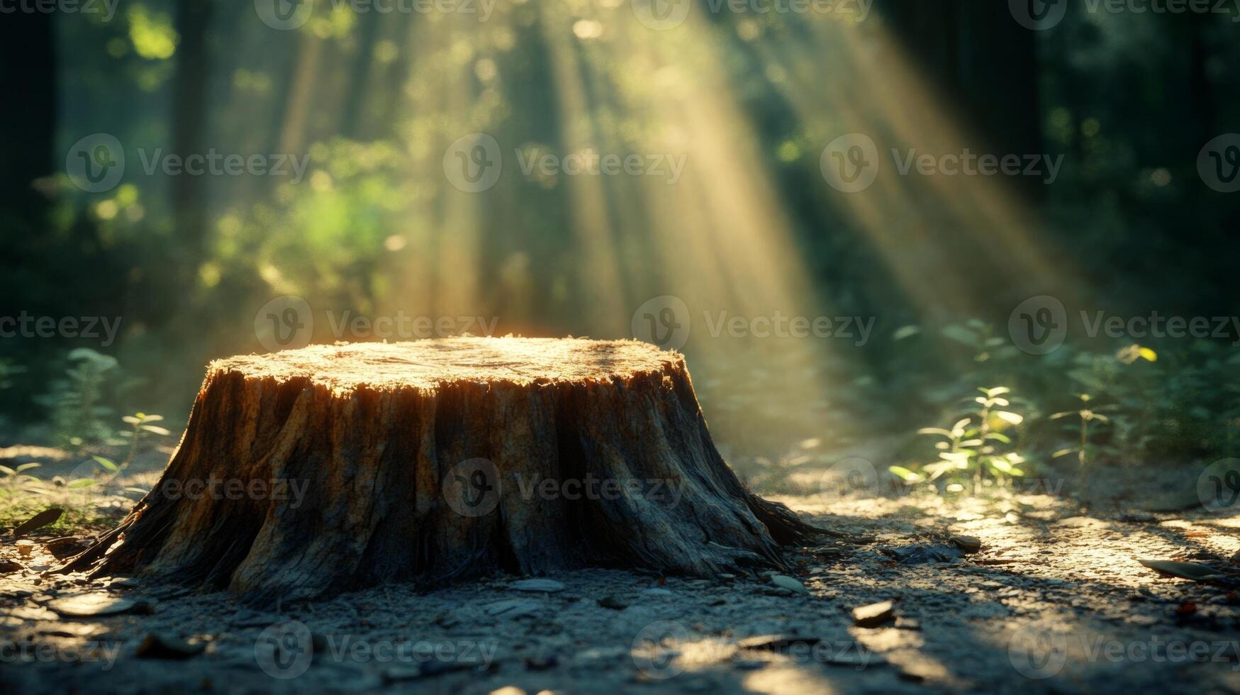 Light streaming through trees onto an old tree stump in a tranquil forest setting photo