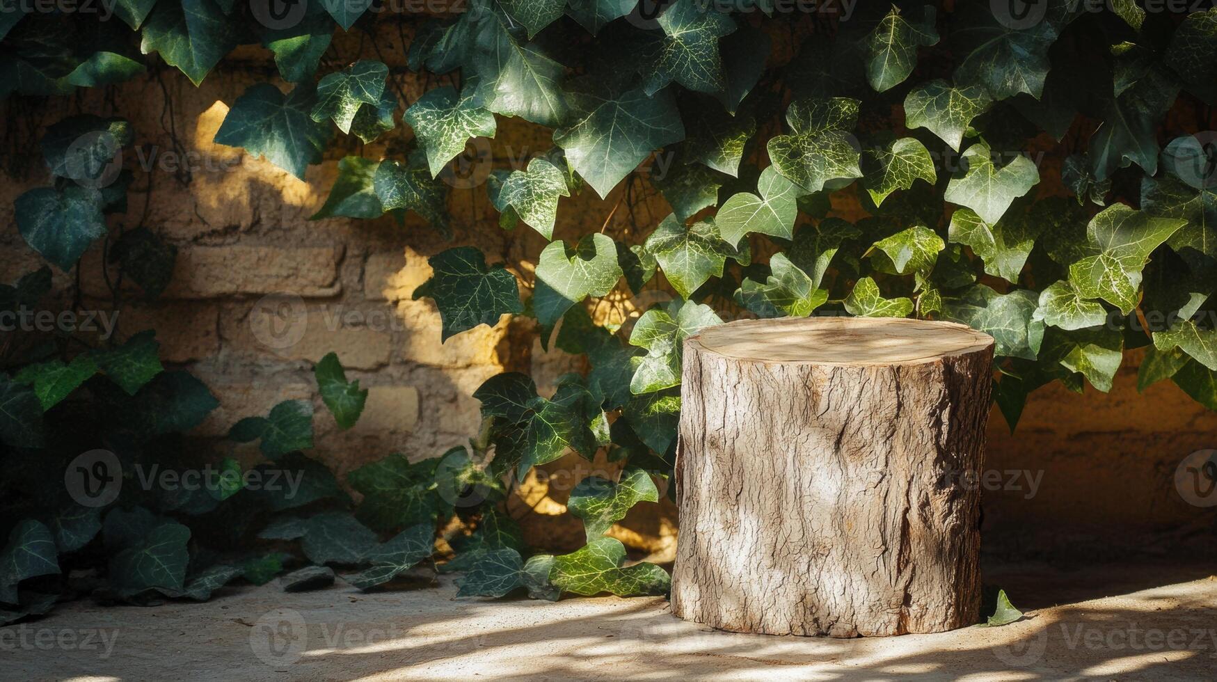 Sunlight filters through leaves onto a wooden stump surrounded by green ivy in a tranquil outdoor space photo
