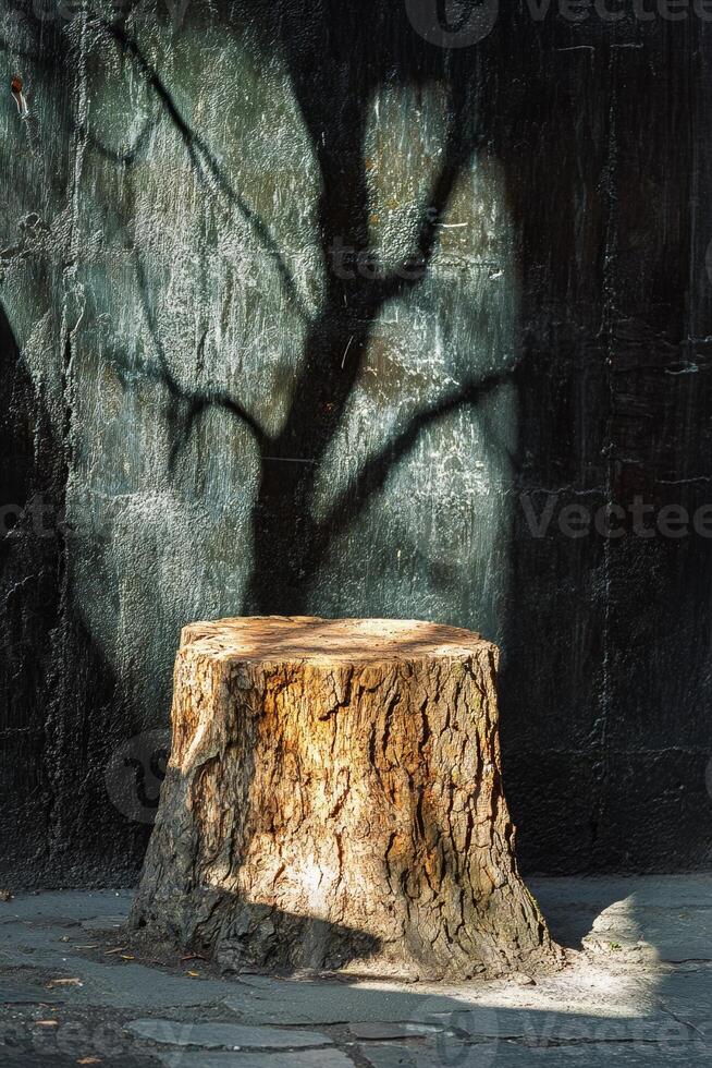 Tree stump casting a shadow on a textured wall in a quiet outdoor setting during the day photo