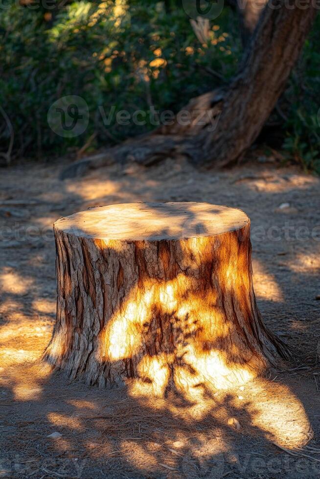 Sunlight casts delicate shadows on a tree stump surrounded by nature in a serene outdoor setting photo