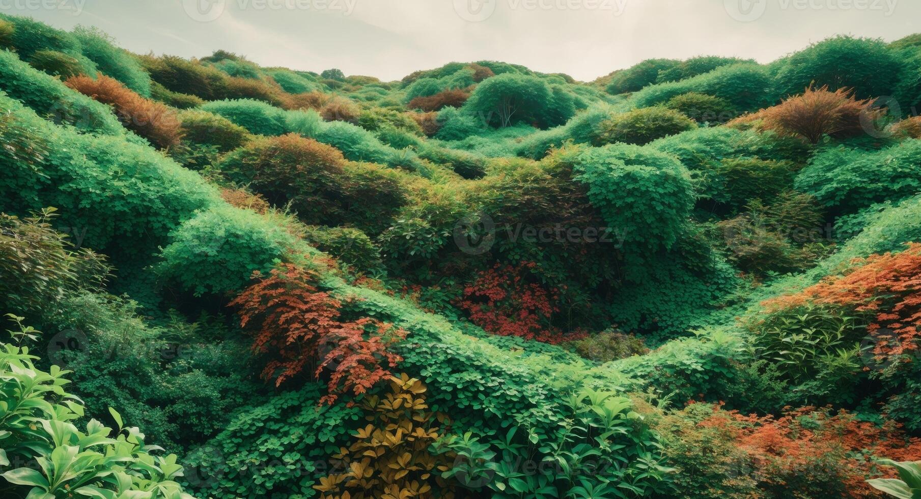Lush Green and Red Hillside, a Tapestry of Colors and Textures in Natural Light. photo
