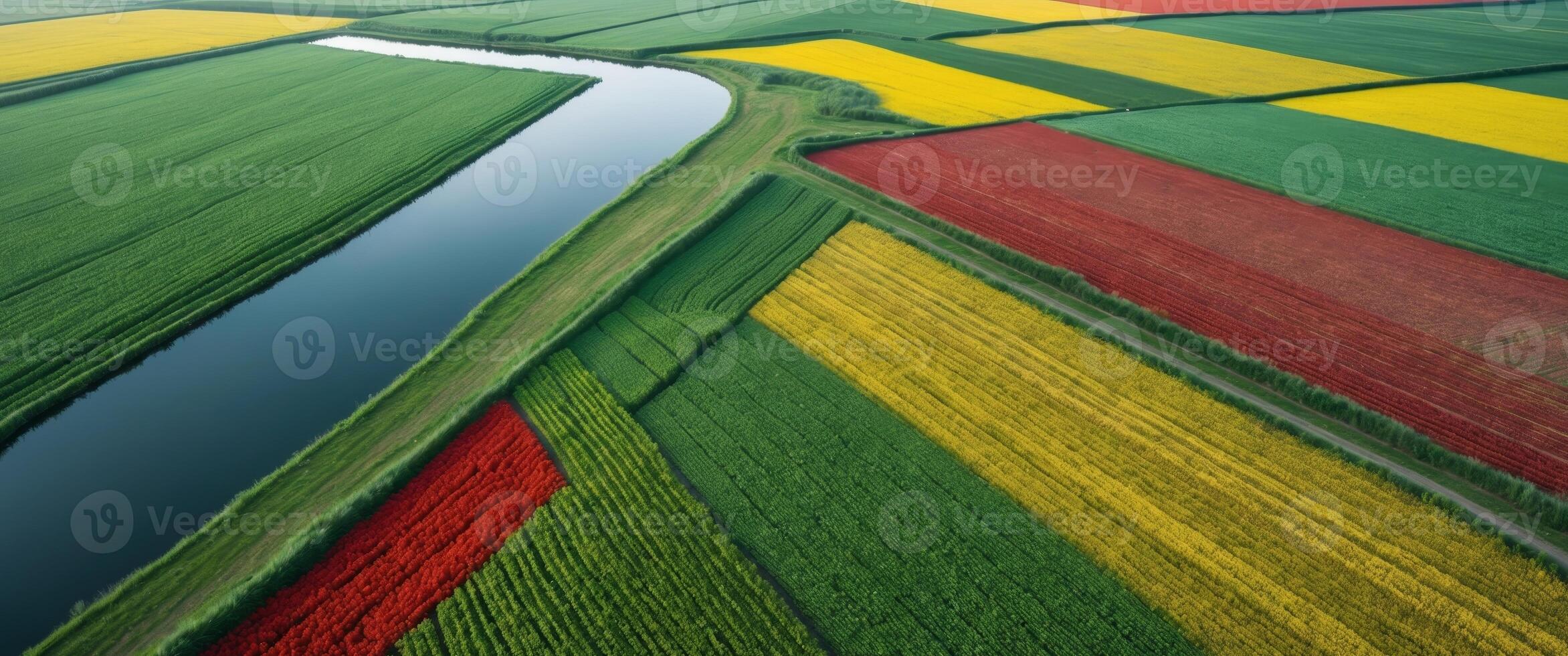Aerial View of Colorful Agricultural Fields with Irrigation Canal, Beautiful Farmland photo