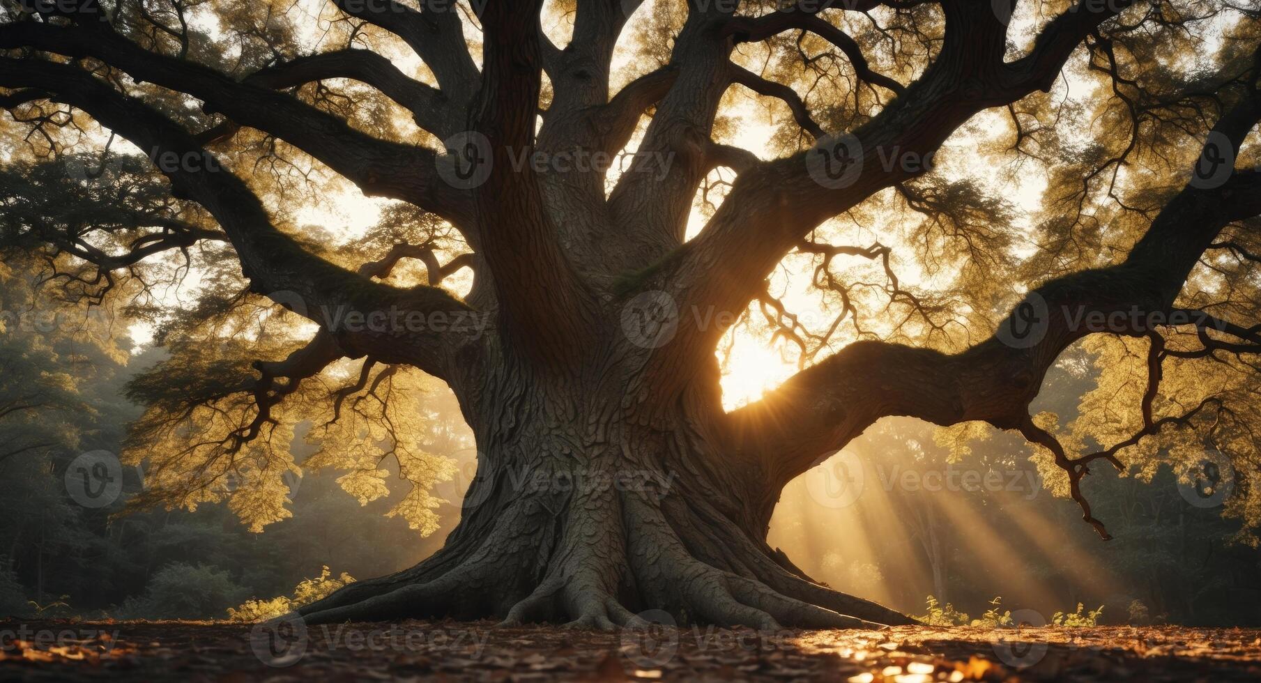 The sun shines through the branches of an old oak tree photo