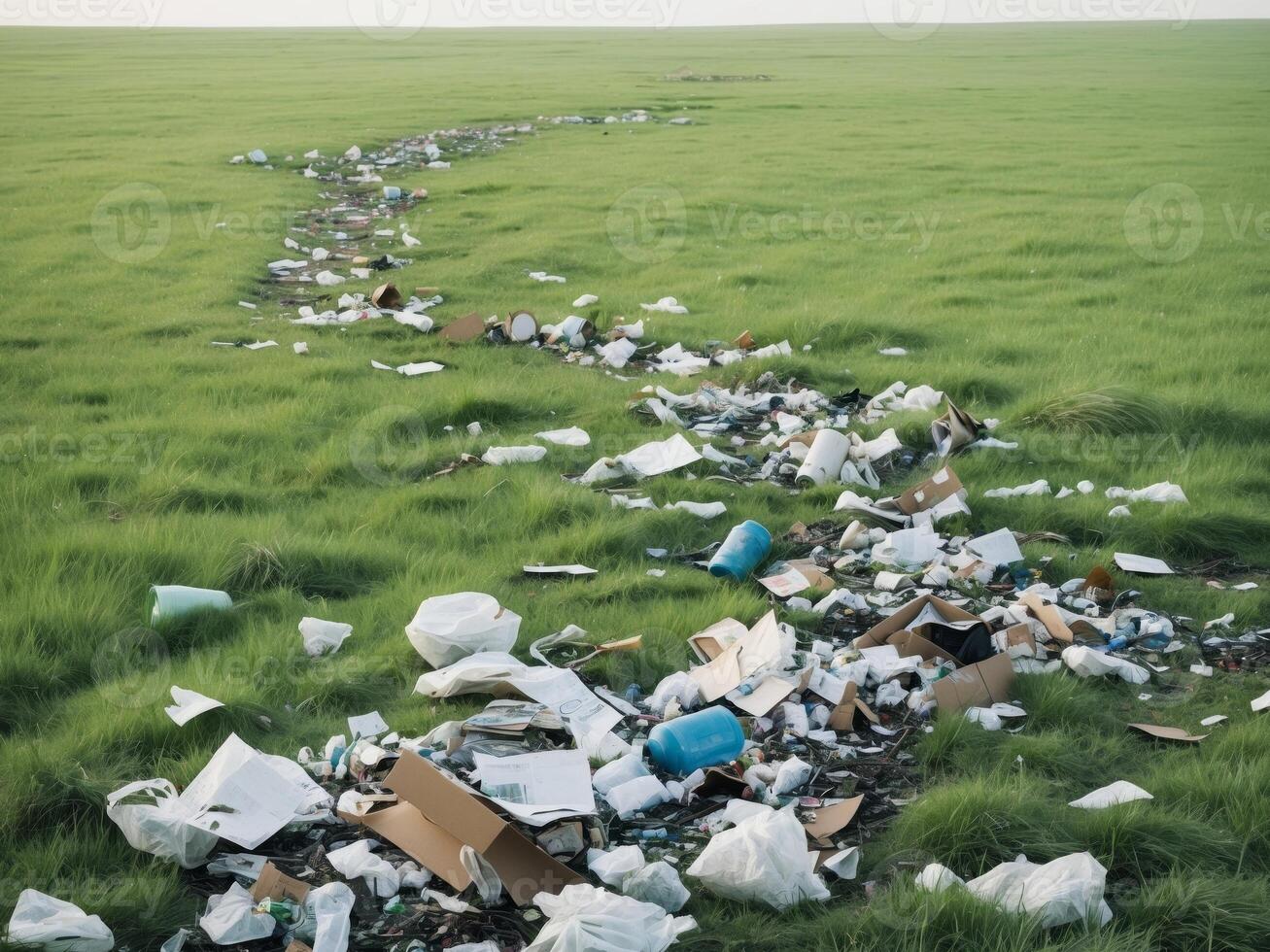 A field of garbage and trash on the ground photo