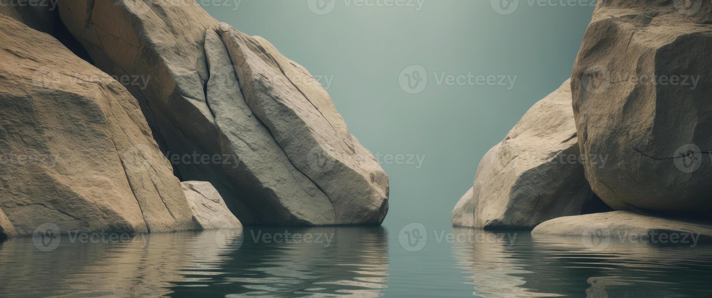 A large rock formation in the water with a light shining through photo