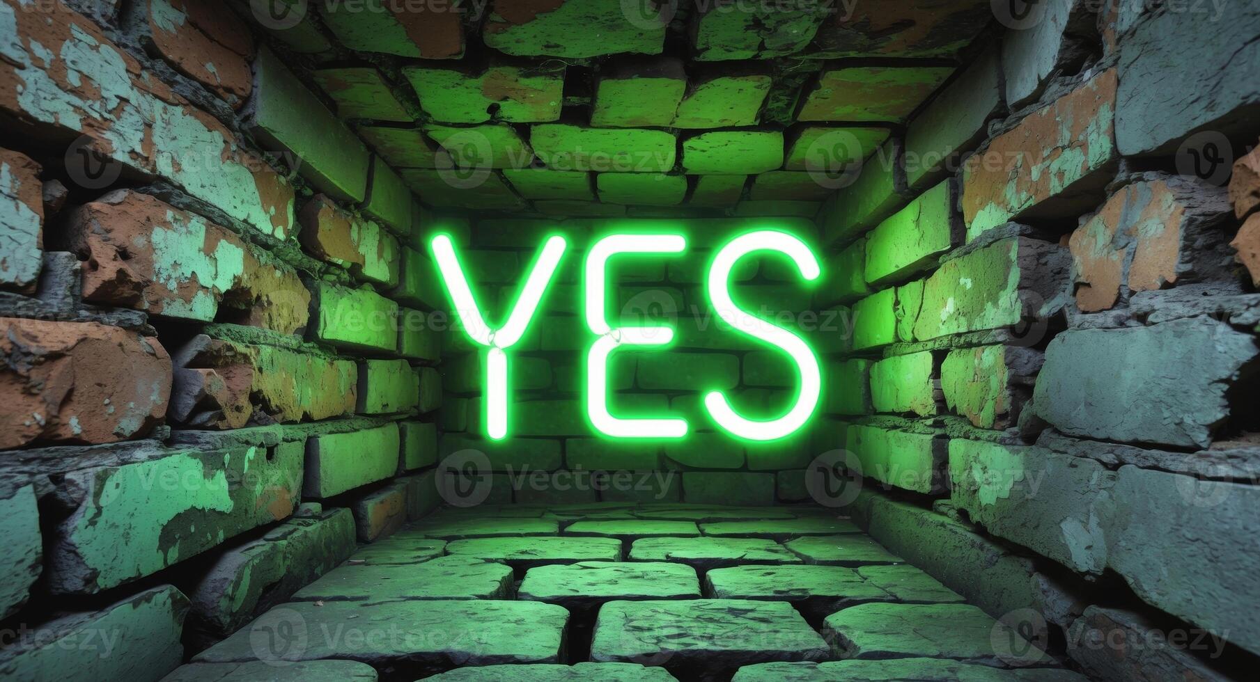 A neon sign that says yes in a brick tunnel photo