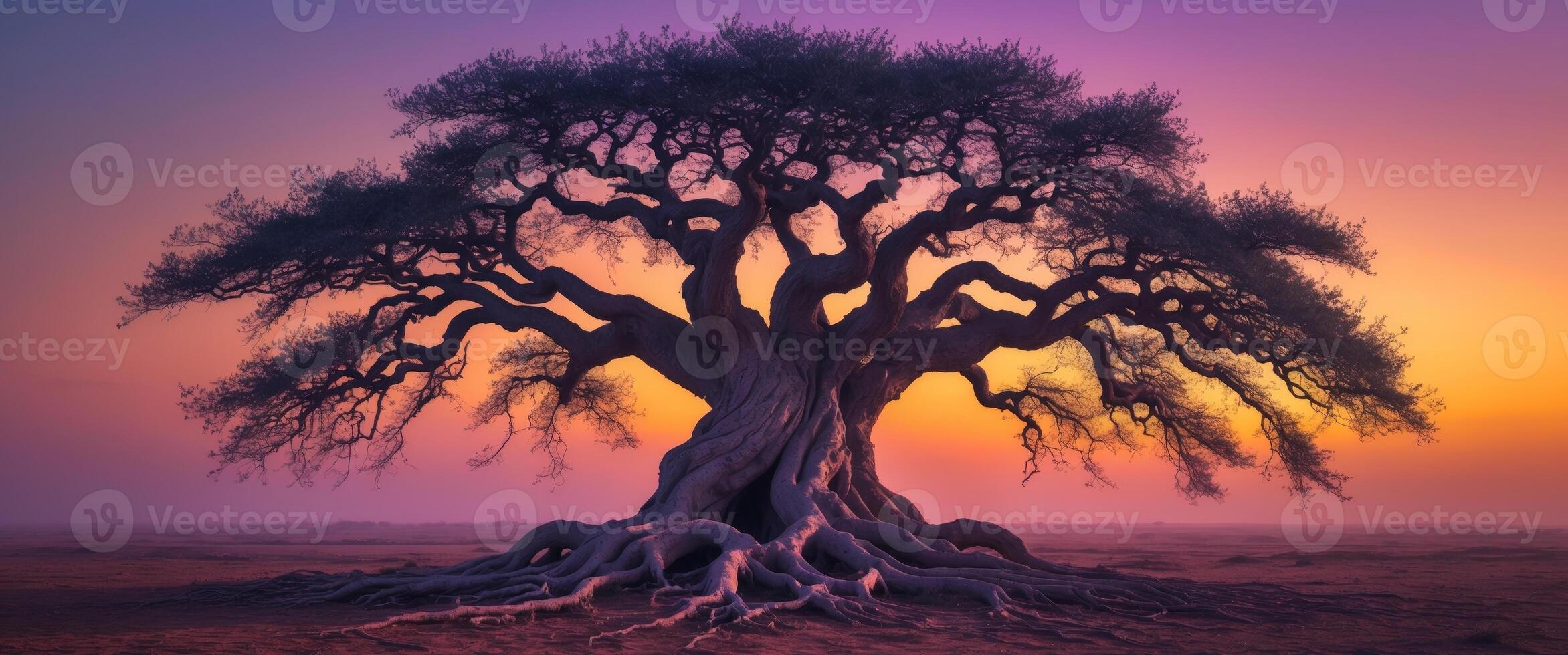 A large tree with roots in the middle of a field photo