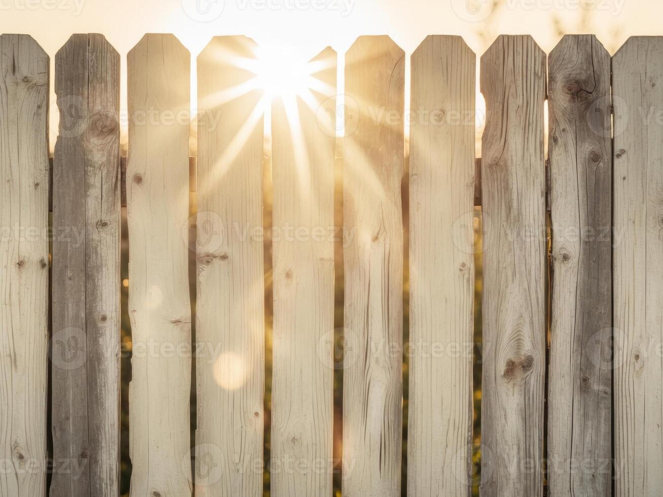 Golden Hour Behind the Wooden Fence, Sunlight Peeking Through, Warm Atmosphere. photo