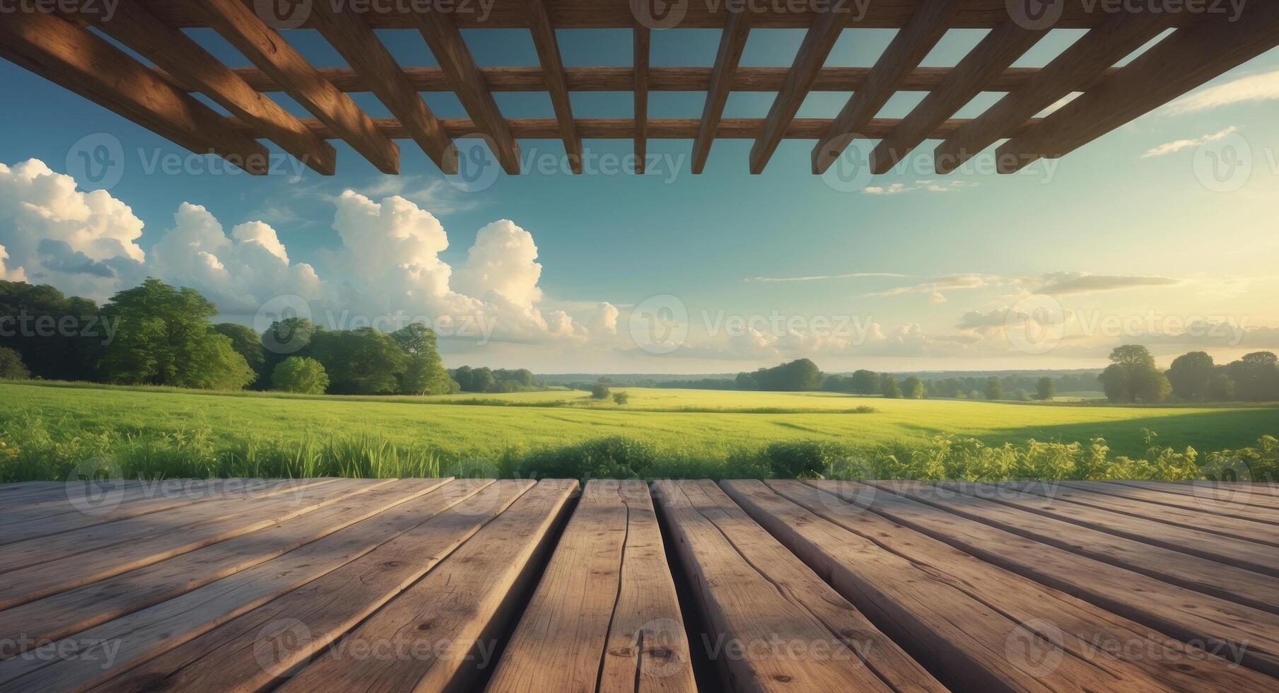 Serene Vista. Wooden Deck Overlooking a Lush Green Landscape Under a Pergola. photo