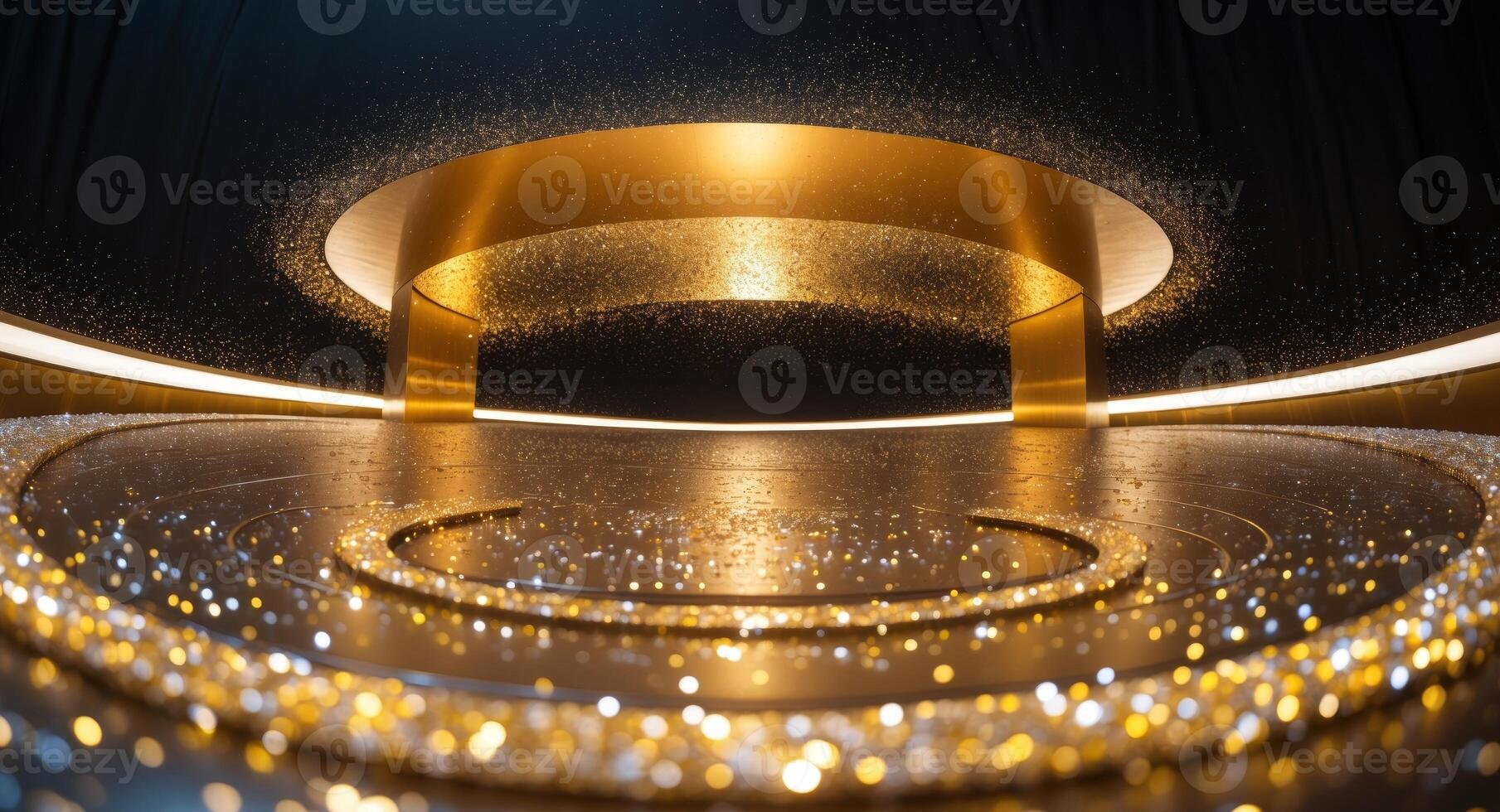 Golden Stage. Abstract Platform with Glowing Particles and Circular Design Elements photo