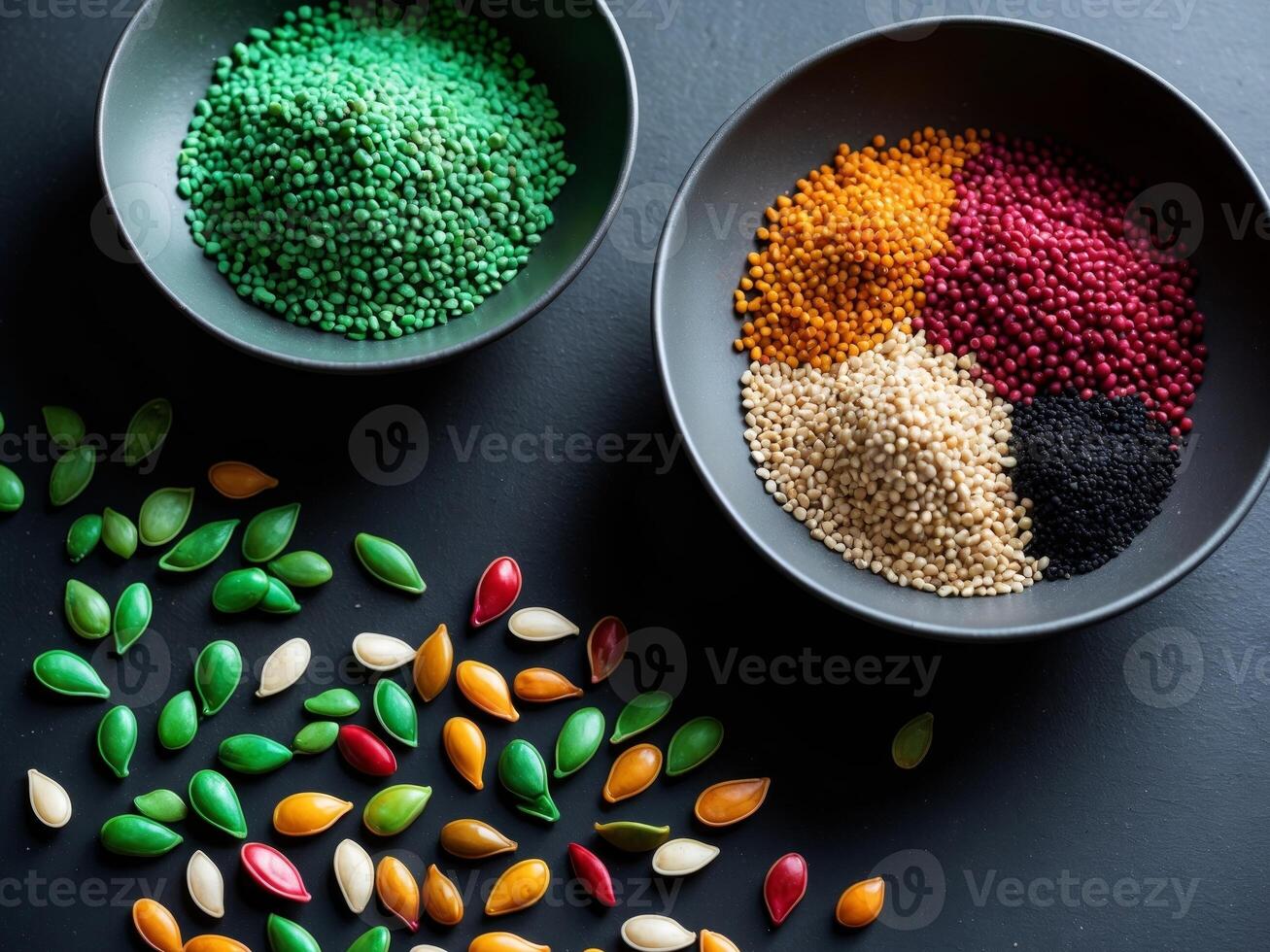 Colorful seeds in bowls on a black surface photo