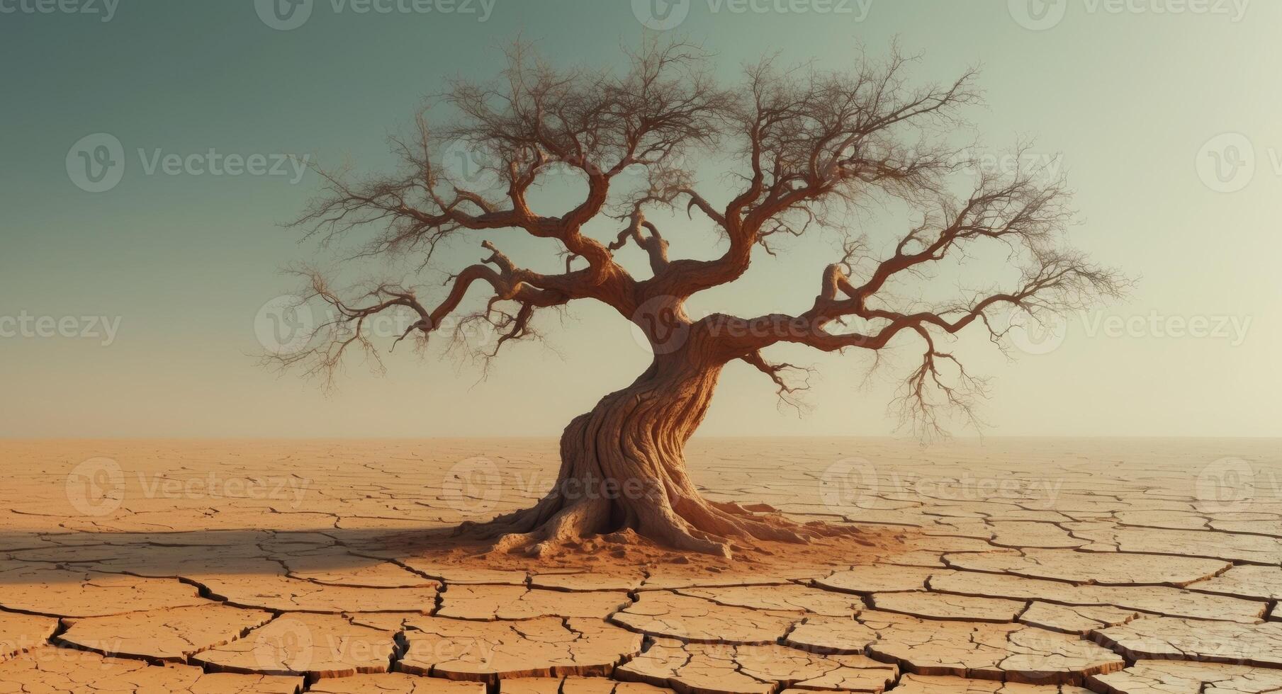 A Lonely Tree Stands in a Cracked, Barren Landscape, Symbolizing Environmental Stress. photo