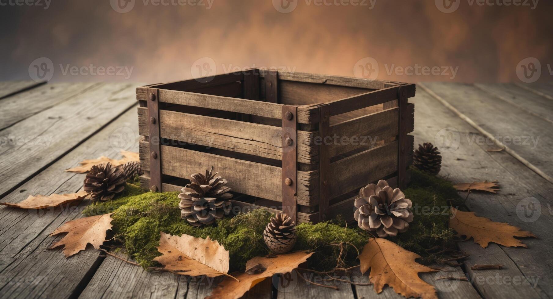 Rustic wooden crate with pine cones and autumn leaves on a mossy surface. photo