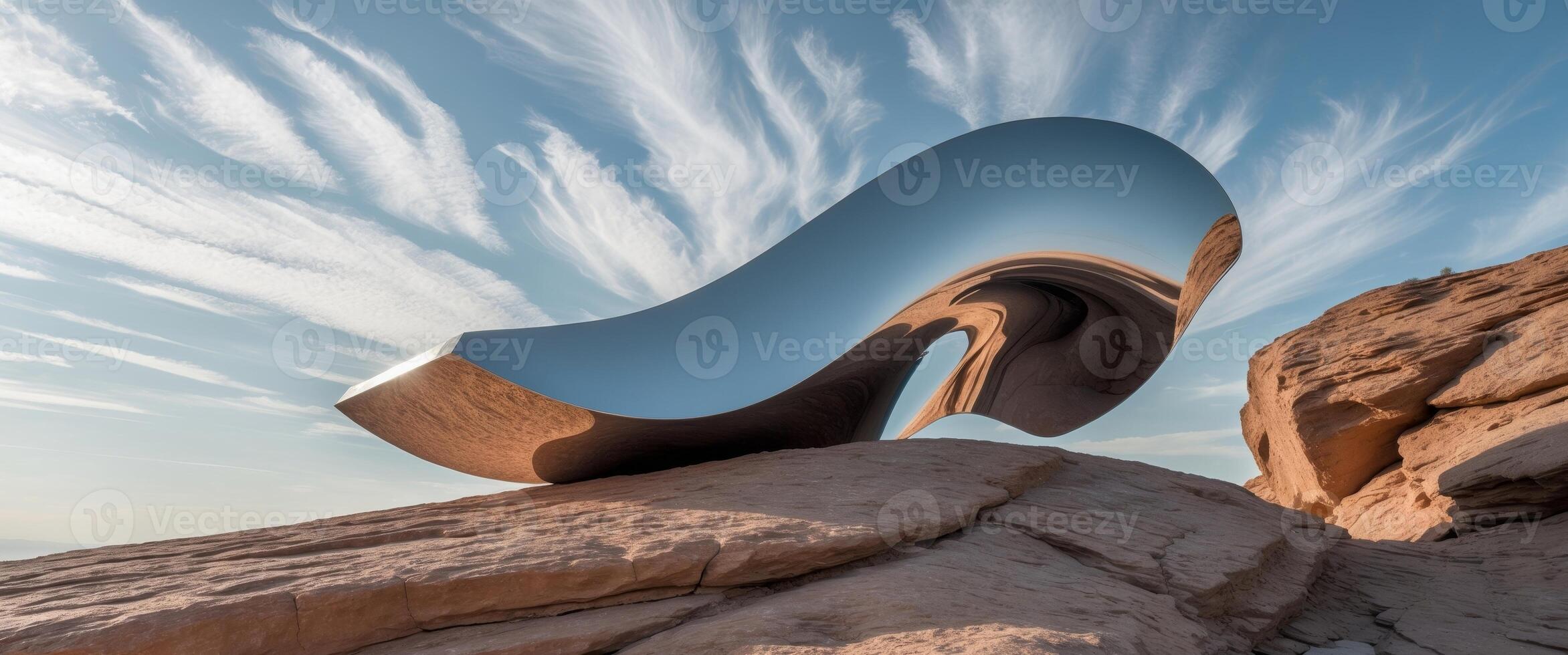 Mirrored Reflection. A Sculpture in the Desert Landscape Under a Cloudy Sky. photo