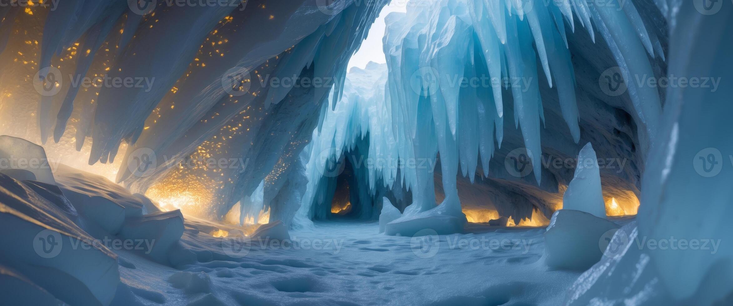 Icy Cavern Wonderland. A Glimpse into a Frozen Paradise of Stalactites and Light. photo