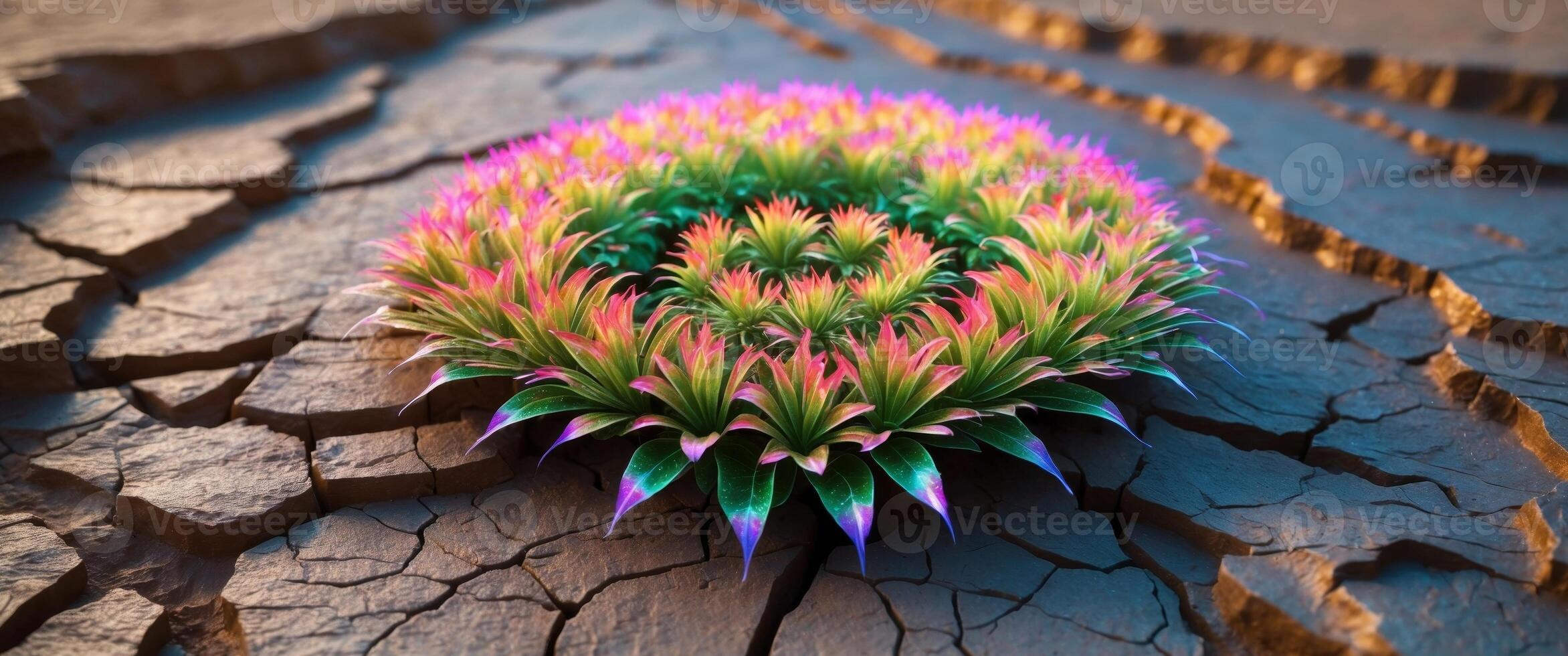 Bloom in the Wasteland. A circle of resilient flowers on arid, cracked earth. photo