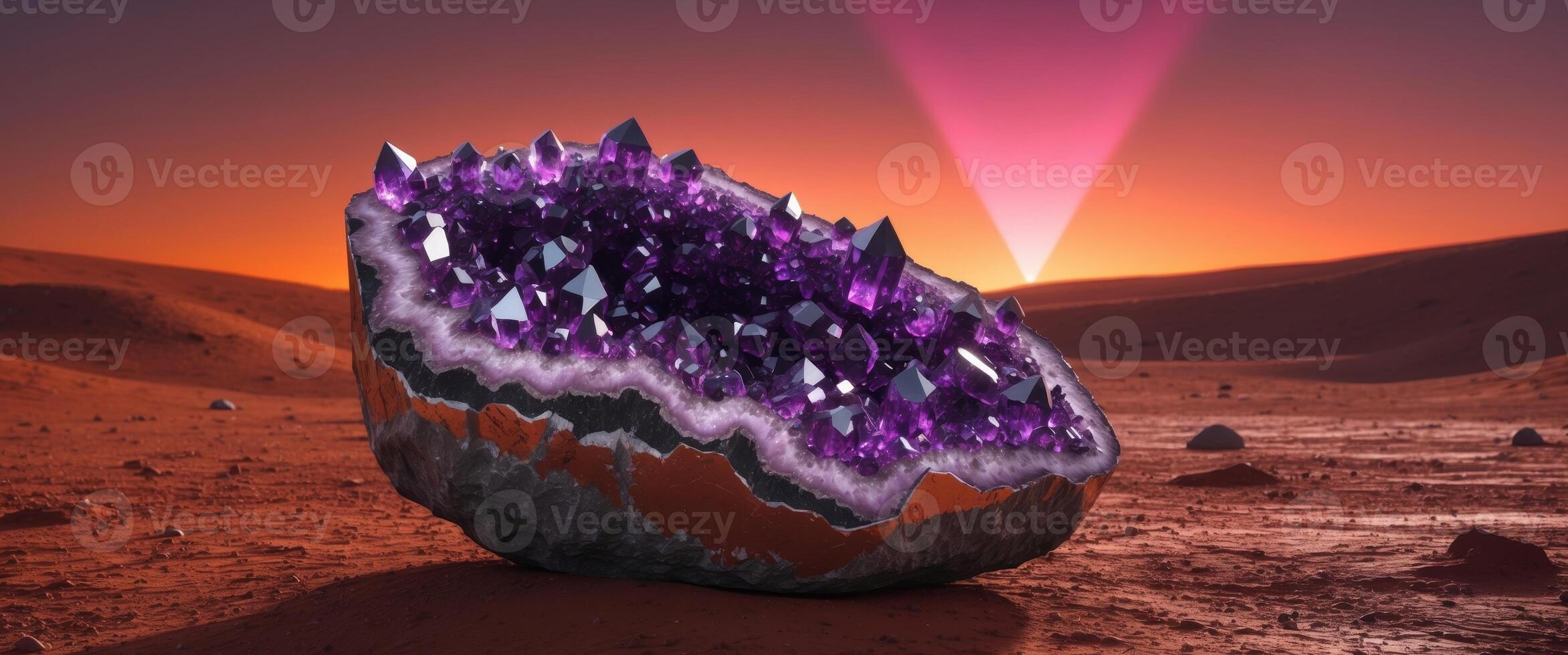 Majestic Amethyst Geode in the Desert Landscape, Illuminated by a Beam of Light. photo