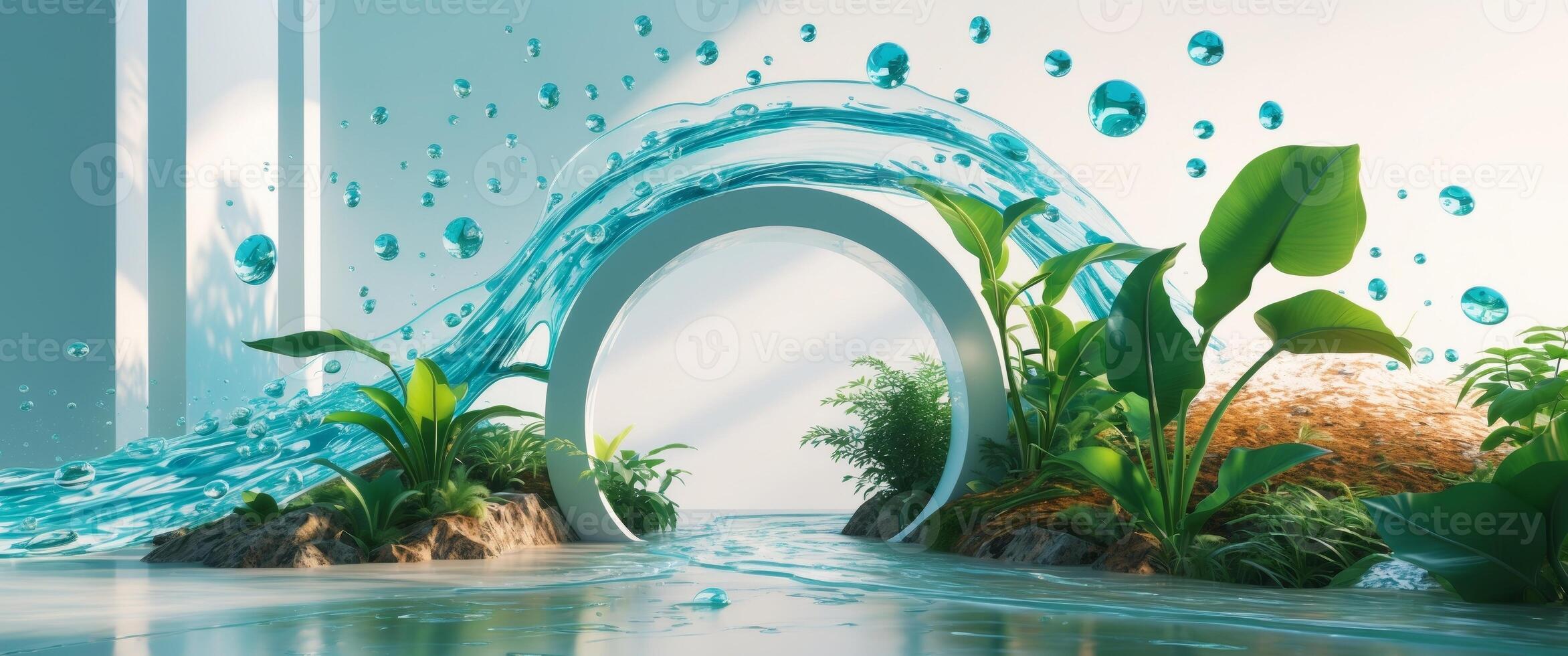 Serene Water Garden. A Minimalist Oasis with Tropical Plants and Circular Gateway photo