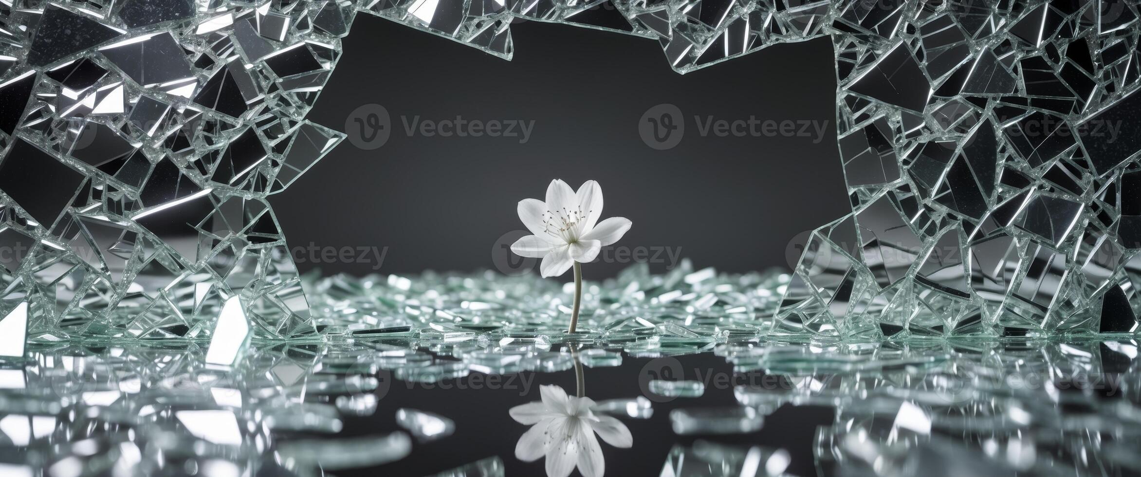 Fragility and Resilience. A White Flower Emerging Through Broken Glass, a Symbol of Hope. photo