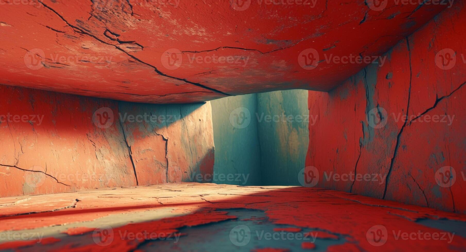 Abstract Red Tunnel with Cracks and Light at the End, an Impressive Visual Experience. photo