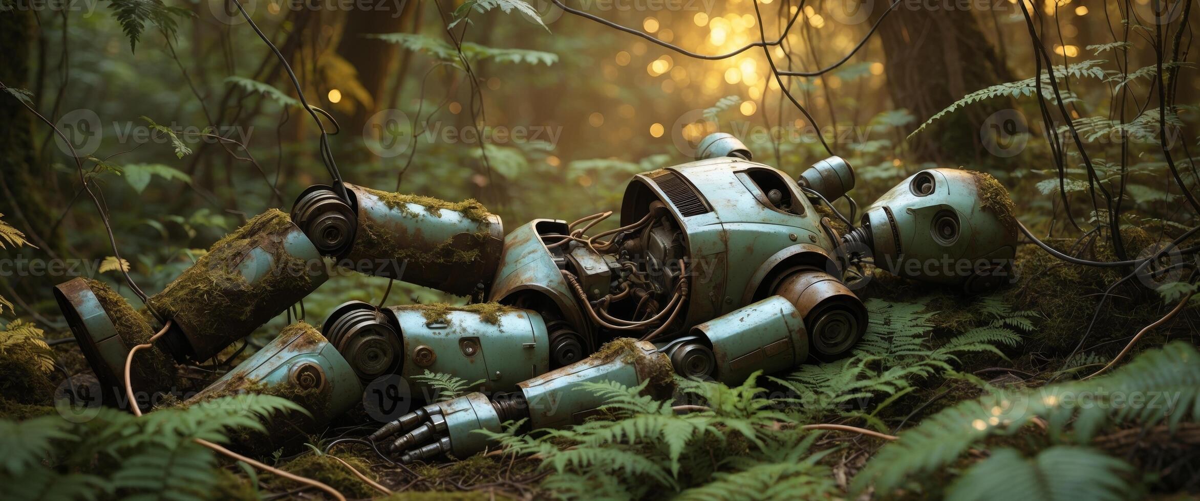 A robot laying in the middle of the forest photo