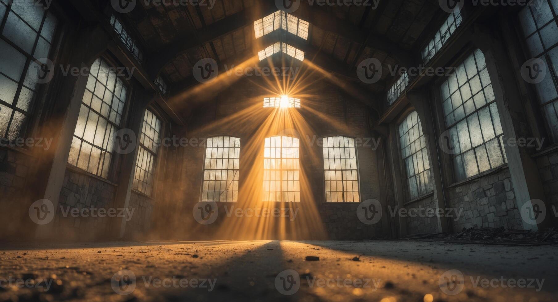 Abandoned Warehouse Interior with Golden Sunlight Streaming Through Windows. photo