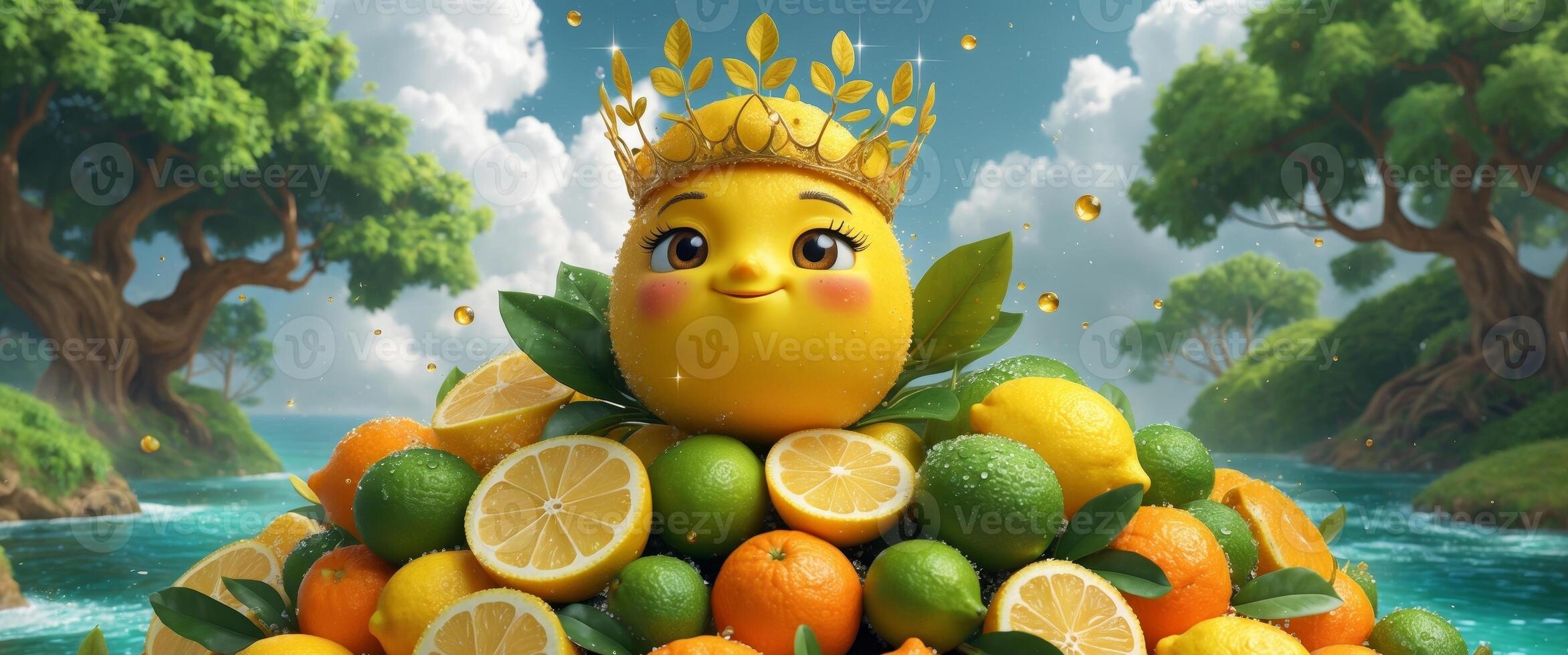 Lemon Queen on a Citrus Mountain. A whimsical scene of royalty in a fruity paradise. photo