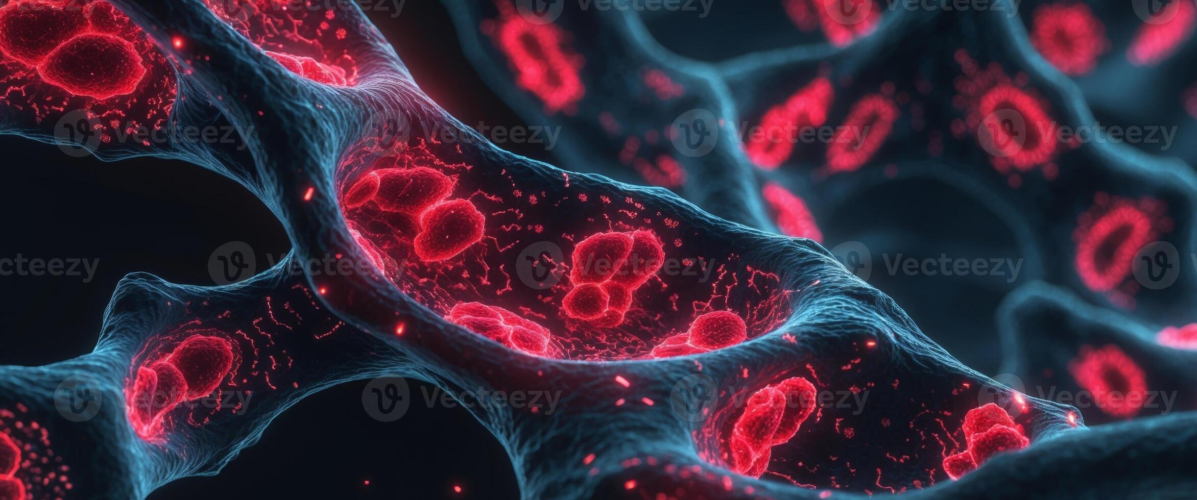 Microscopic View. Red Blood Cells Flowing Through Vessel with Luminous Details photo