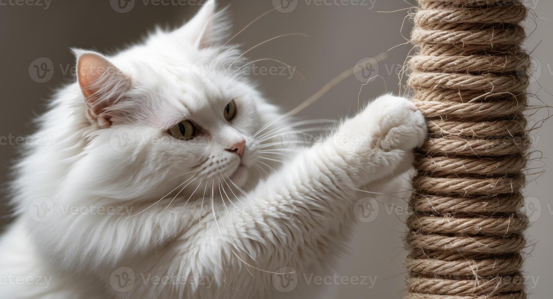 A white cat is reaching up to a rope photo