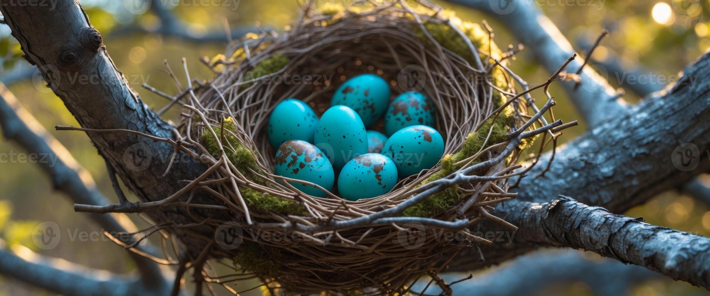 A nest with blue eggs in it photo