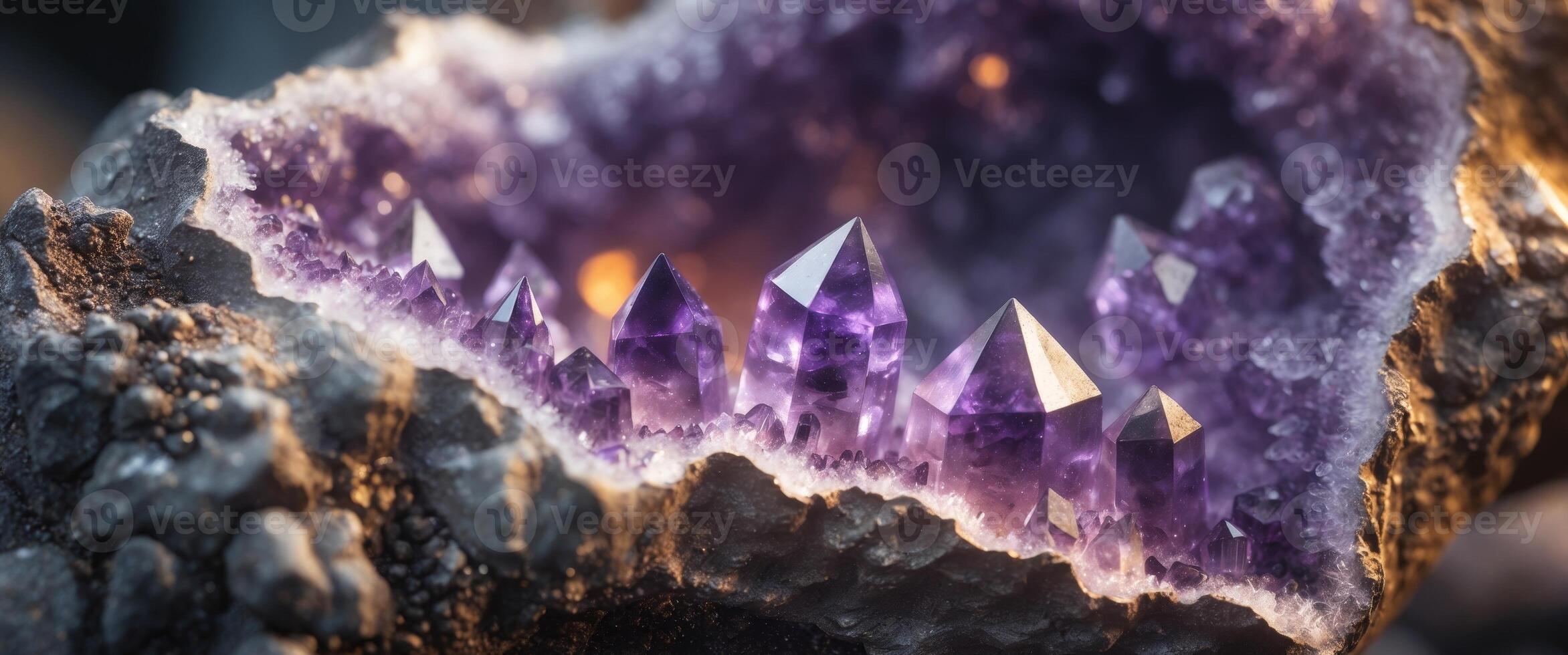Stunning Amethyst Geode Cluster with Sharp Crystals and Rough Outer Texture, CloseUp. photo