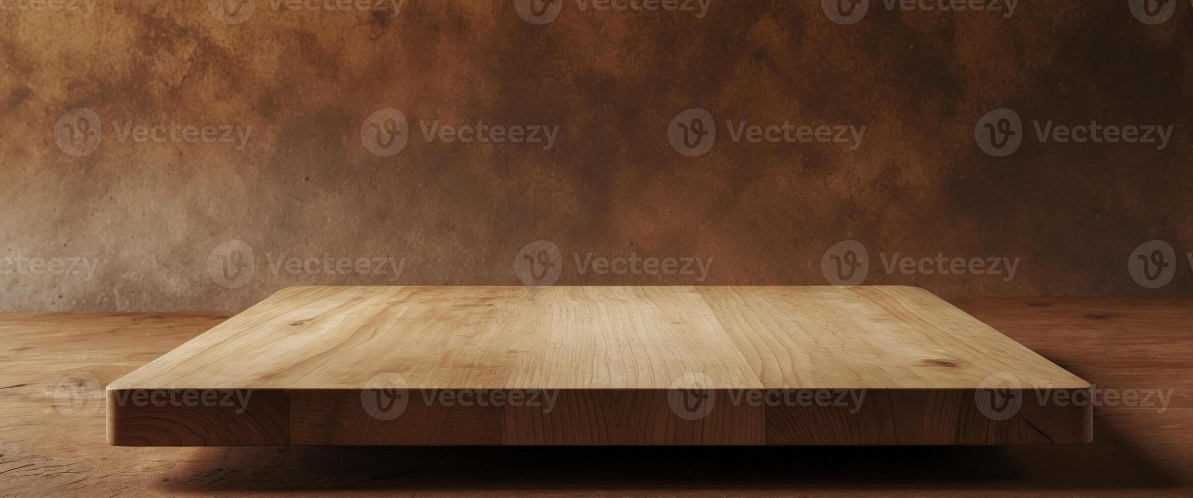 Wood Display Podium for Product Showcase, Brown Backdrop and Natural Wooden Surface. photo