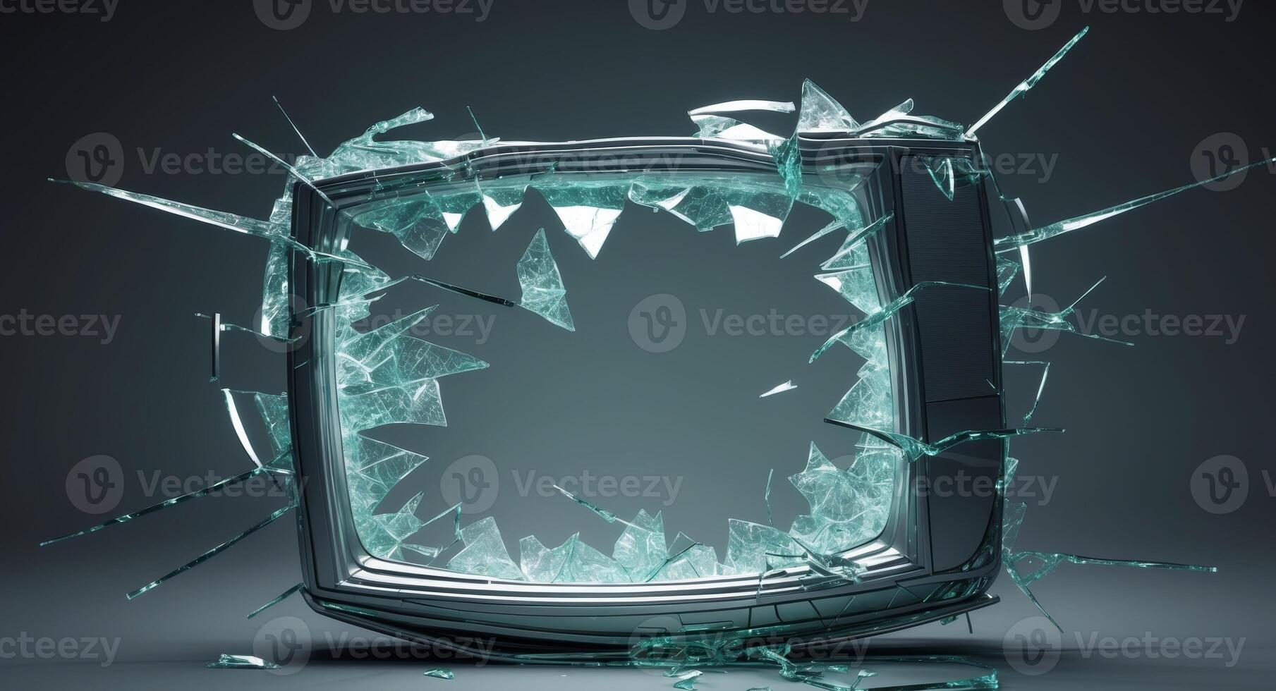 Shattered Reality. A Broken Television with Fragments of Glass, Destruction photo