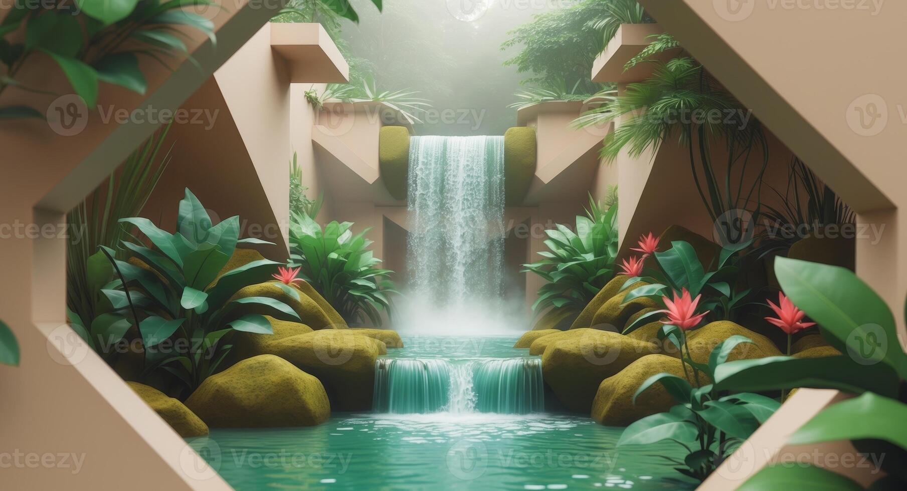 Serene Waterfall Oasis Framed by Geometric Architecture, Lush Greenery, and Red Flowers. photo