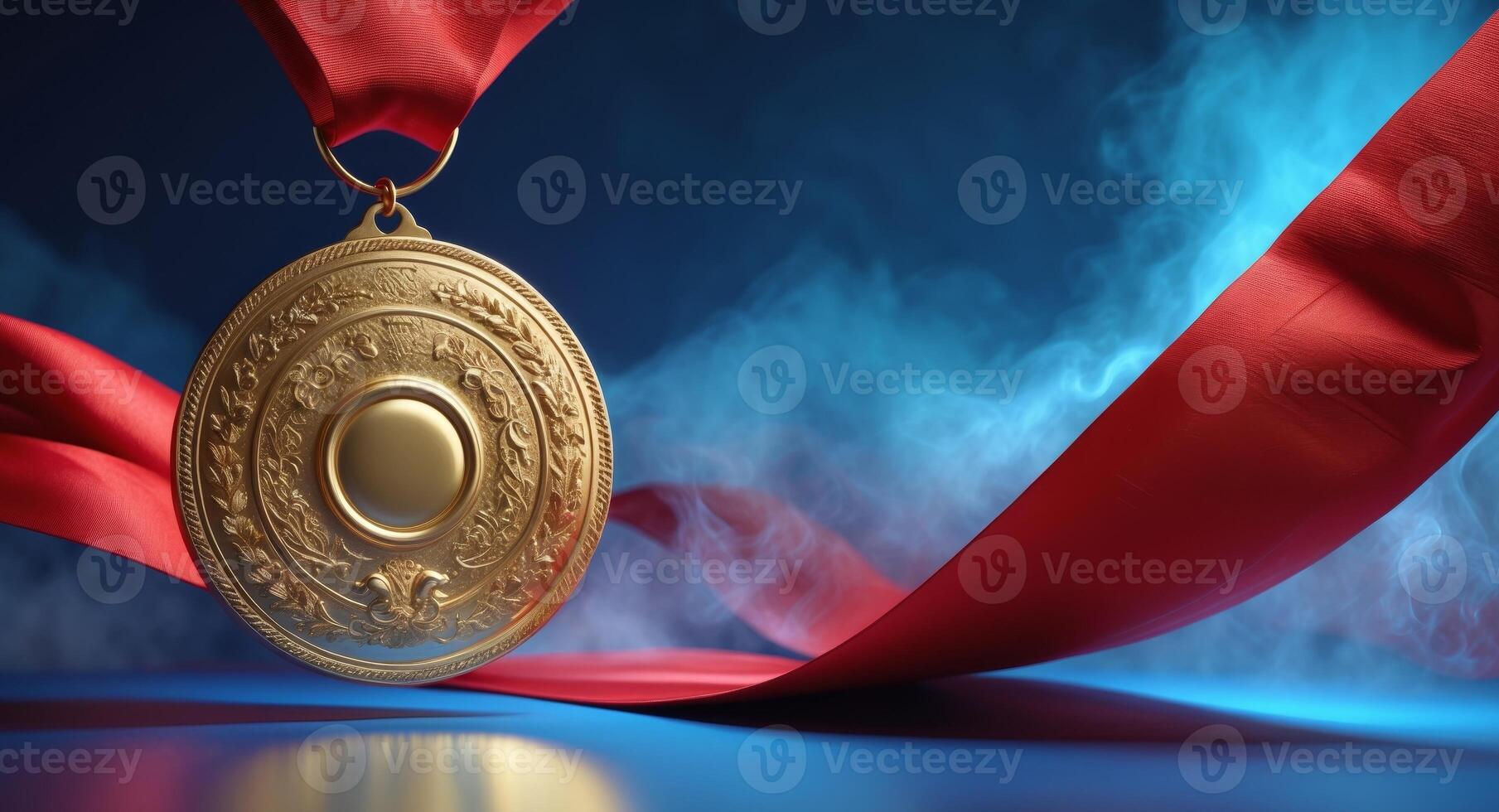 Golden Medal with Red Ribbon on a Blue Reflective Surface, Indicating Victory. photo