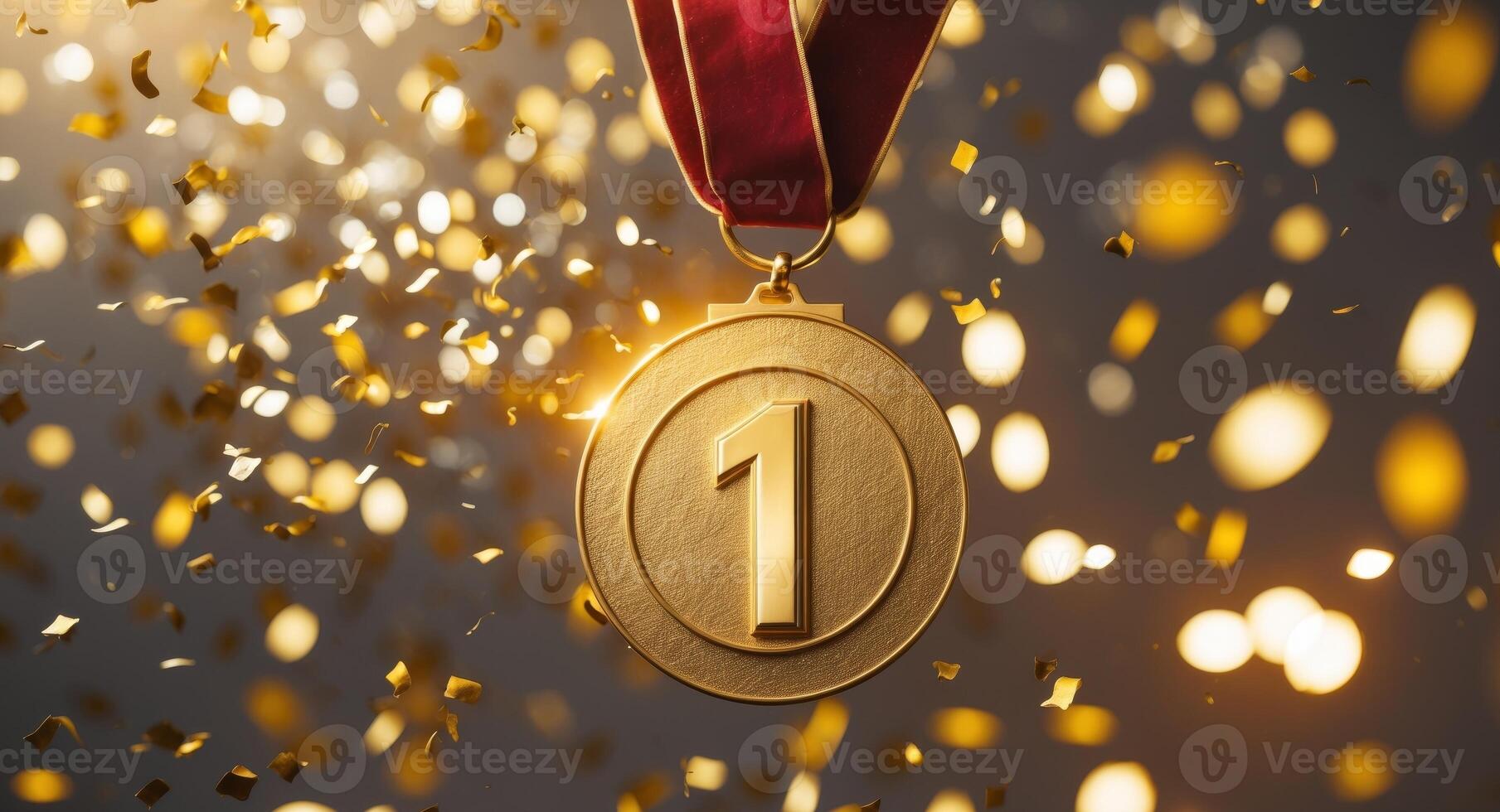 Golden First Place Medal with Red Ribbon and Confetti Victory, Achievement, Award photo