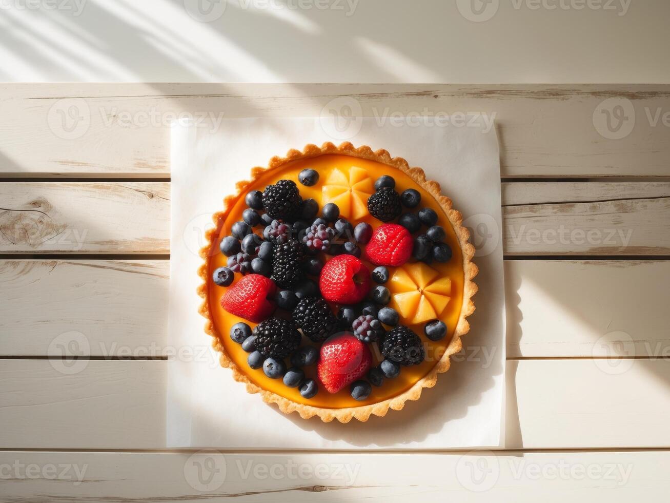 Delicious Fruit Tart with Strawberries, Blueberries, and Blackberries on a White Table. photo