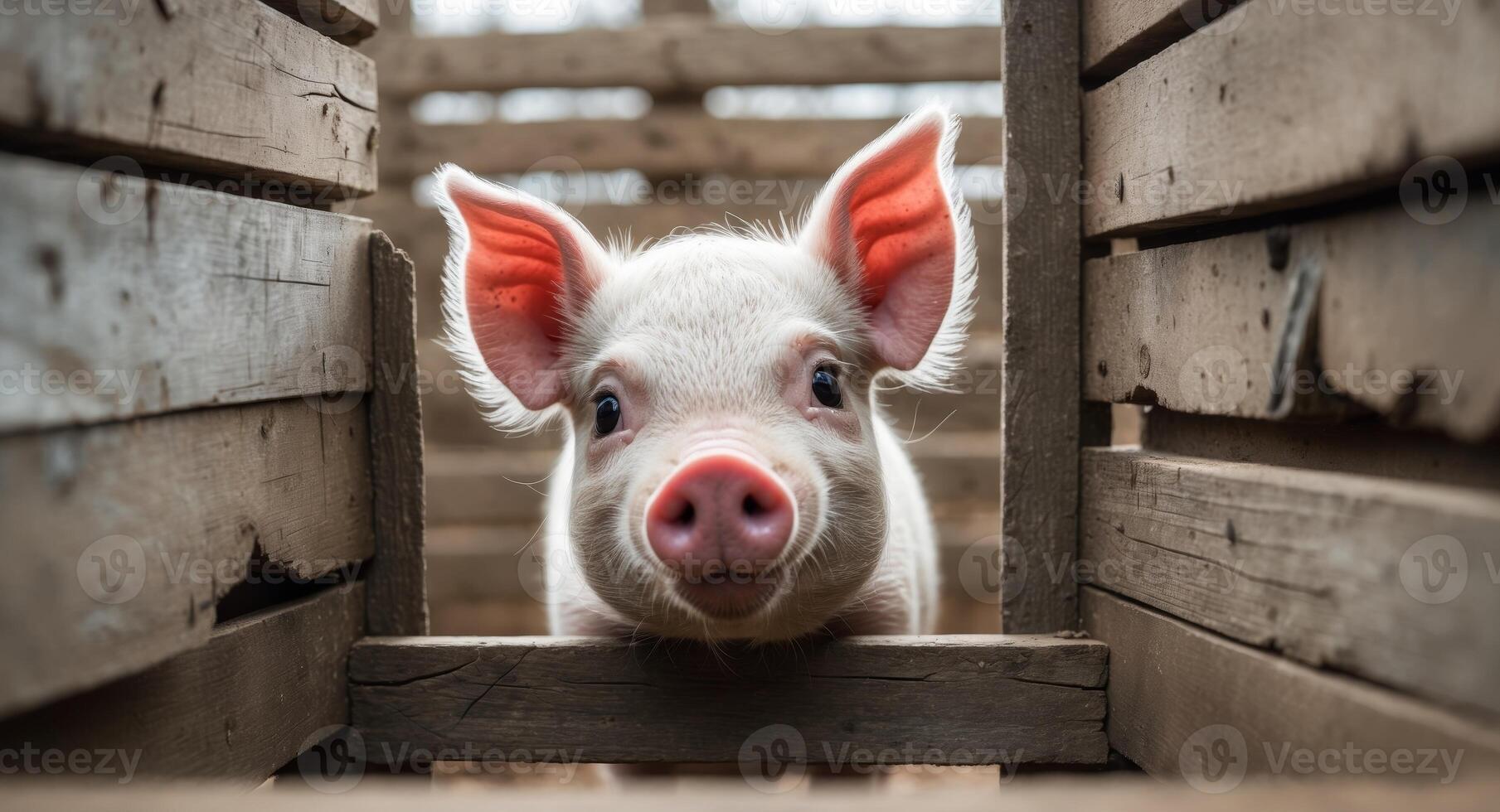 A pig looking out from a wooden fence photo